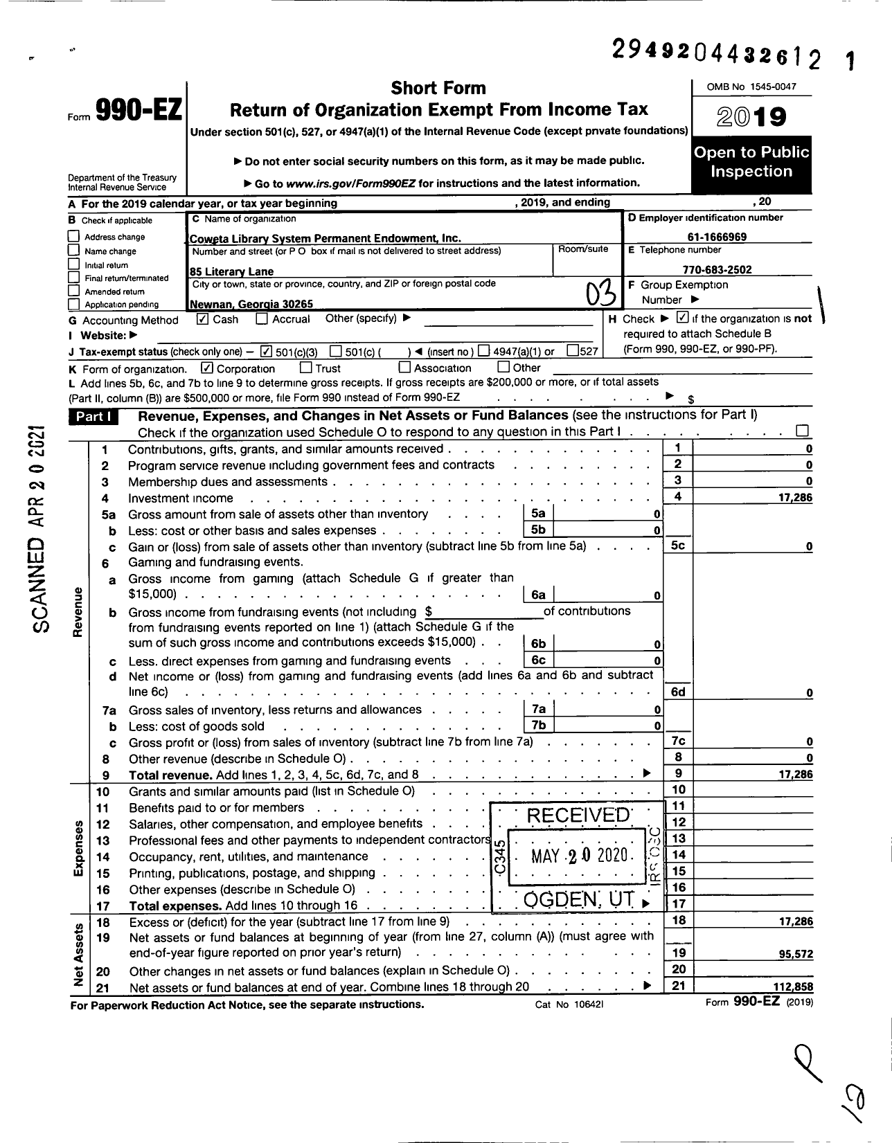 Image of first page of 2019 Form 990EZ for Coweta Library System Permanent Endowment