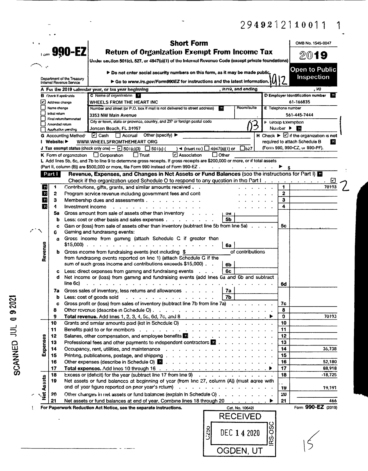 Image of first page of 2019 Form 990EZ for Wheels from the Heart