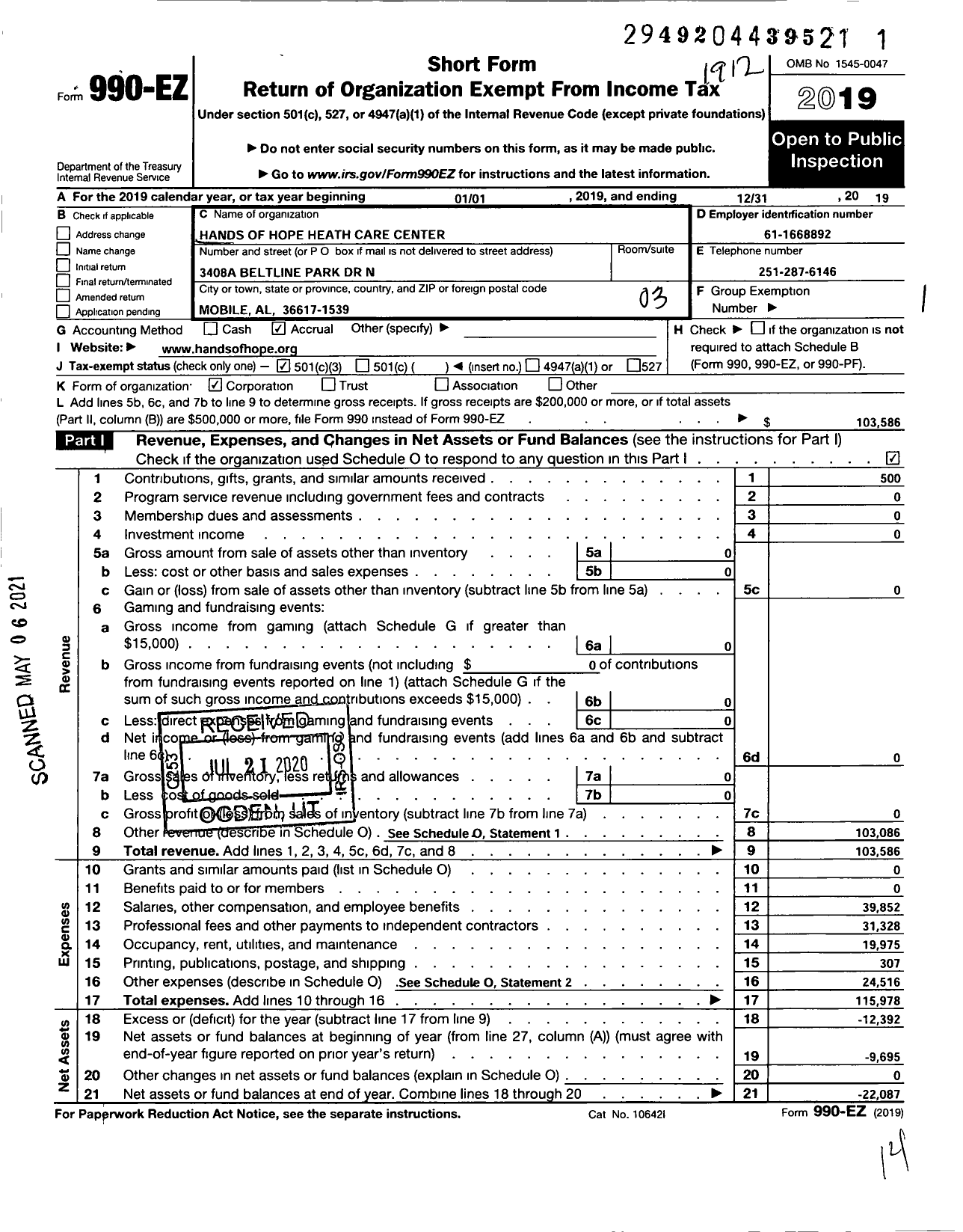 Image of first page of 2019 Form 990EZ for Hands of Hope Heath Care Center