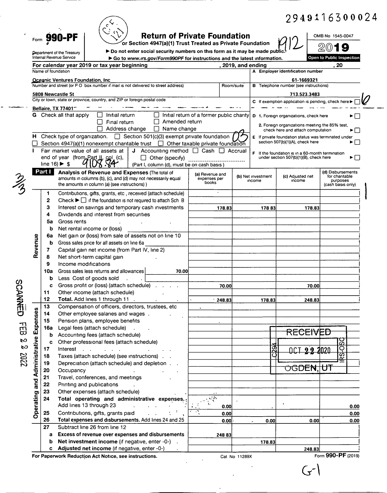 Image of first page of 2019 Form 990PF for Oceanic Ventures Foundation