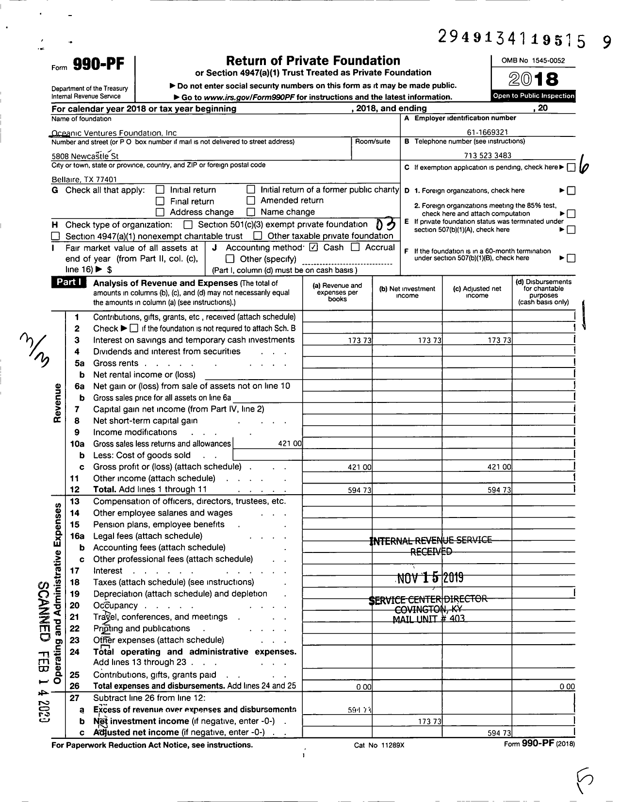 Image of first page of 2018 Form 990PF for Oceanic Ventures Foundation