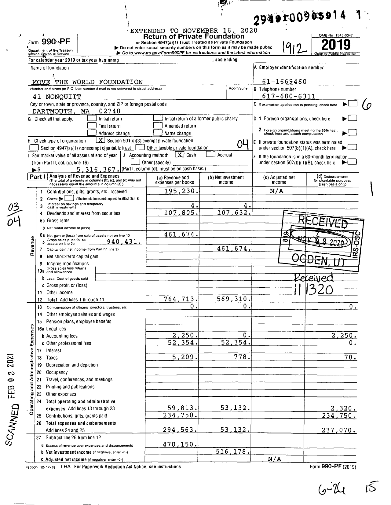 Image of first page of 2019 Form 990PF for Move the World Foundation