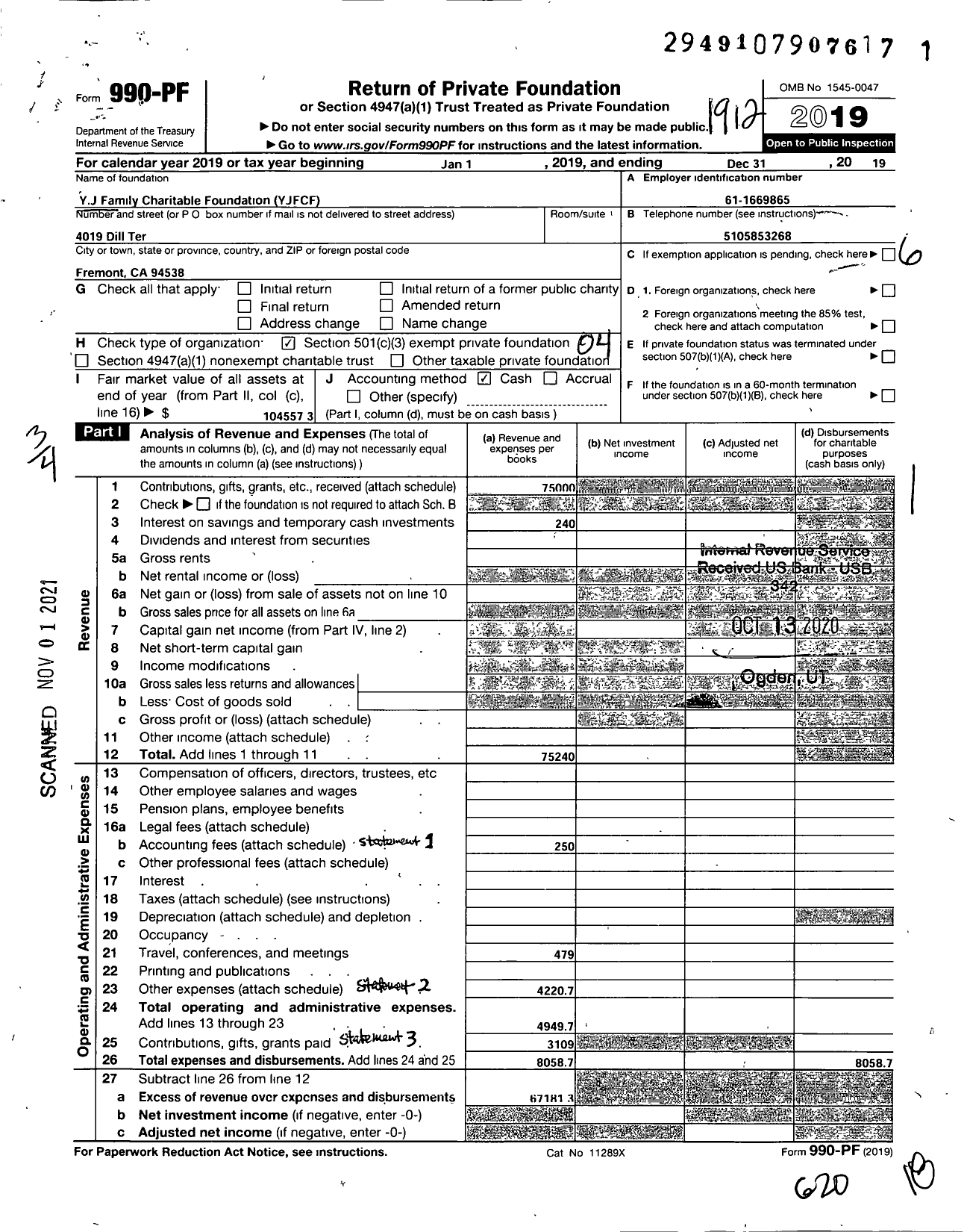 Image of first page of 2019 Form 990PF for YJ Family Charitable Foundation (YJFCF)