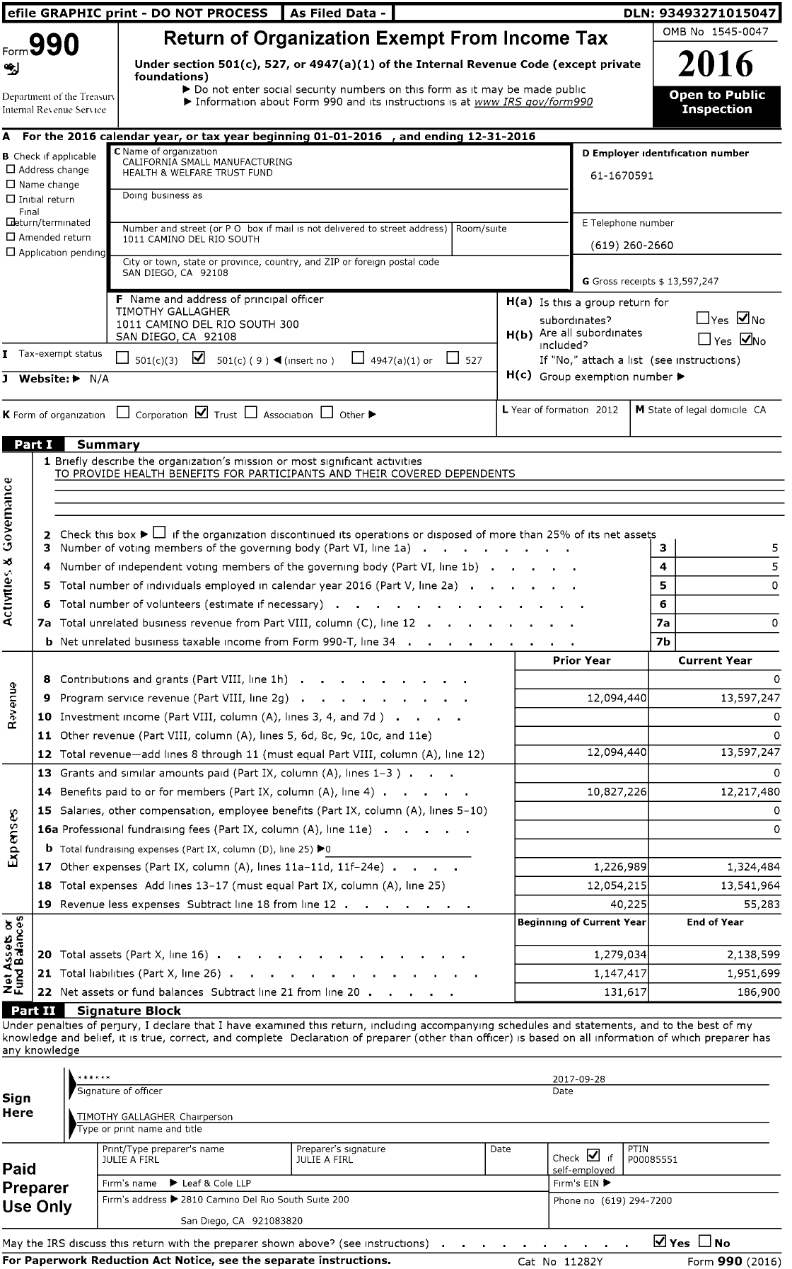 Image of first page of 2016 Form 990O for California Small Manufacturing Health & Welfare Trust Fund
