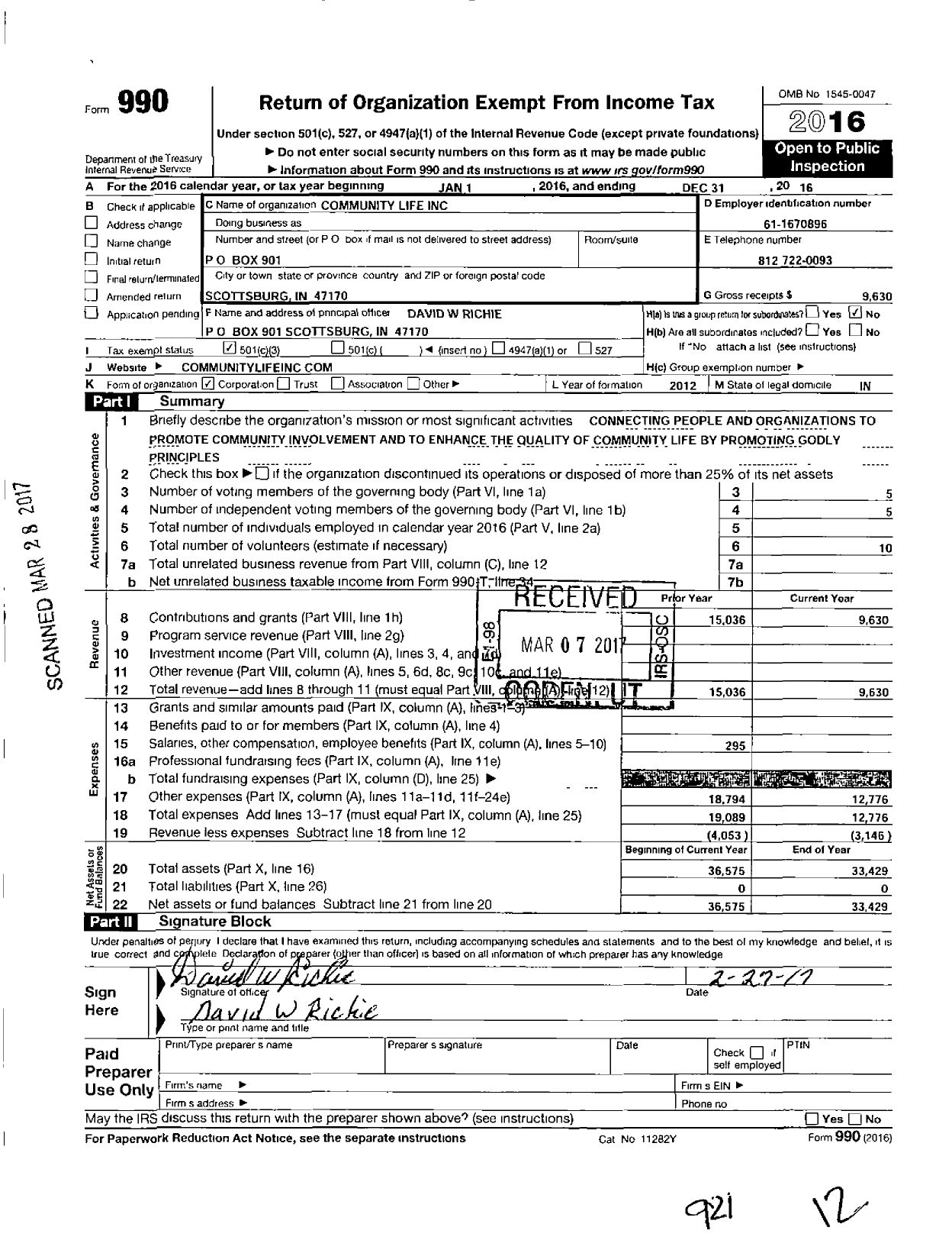 Image of first page of 2016 Form 990 for International Congress of Churches and Ministers / Community Life Inc