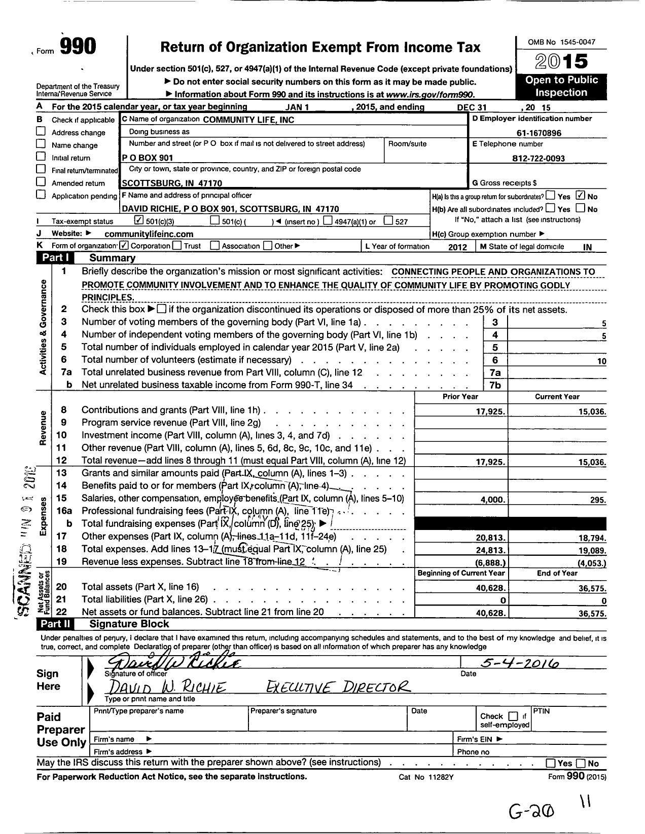 Image of first page of 2015 Form 990 for International Congress of Churches and Ministers / Community Life Inc