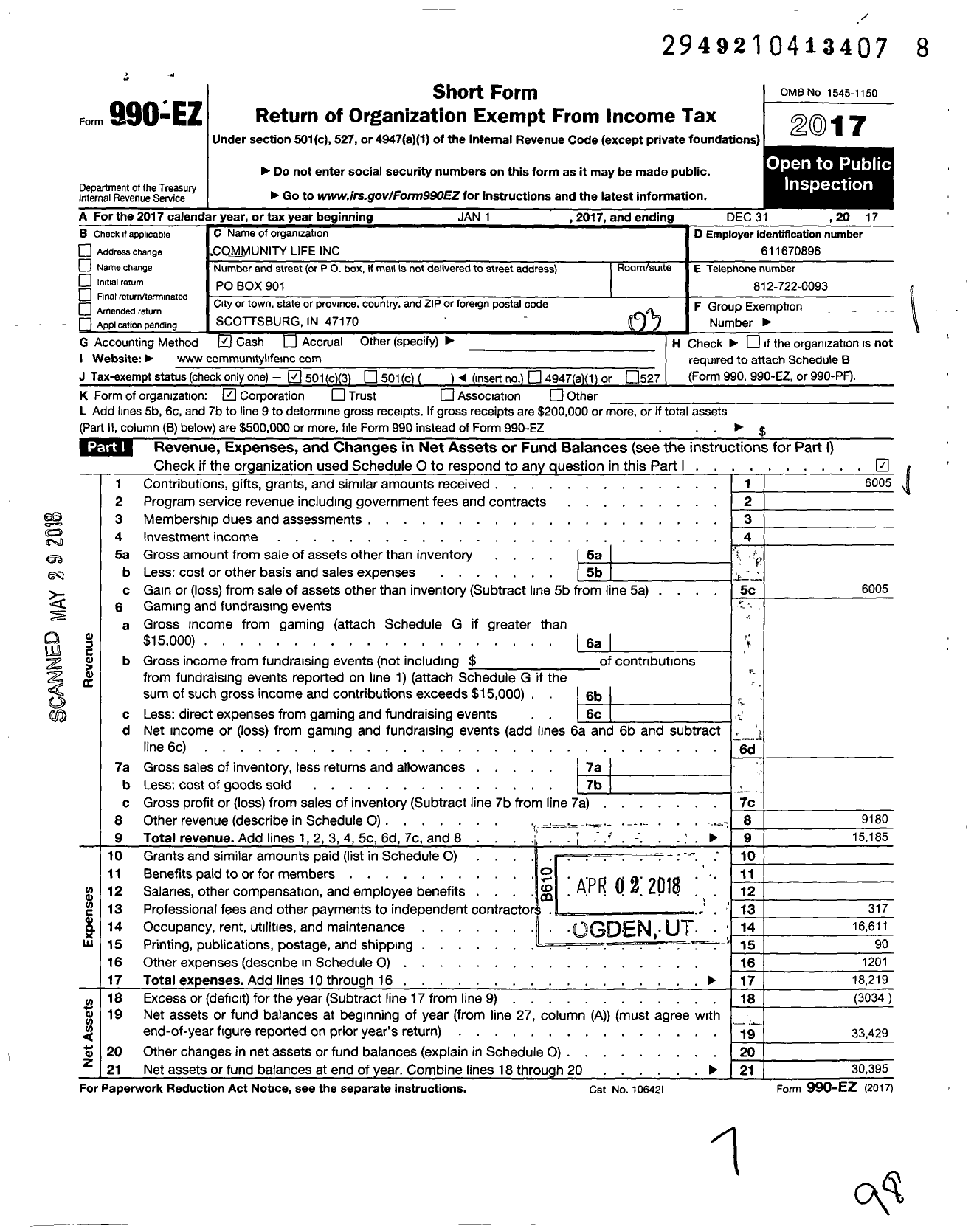 Image of first page of 2017 Form 990EZ for International Congress of Churches and Ministers / Community Life Inc