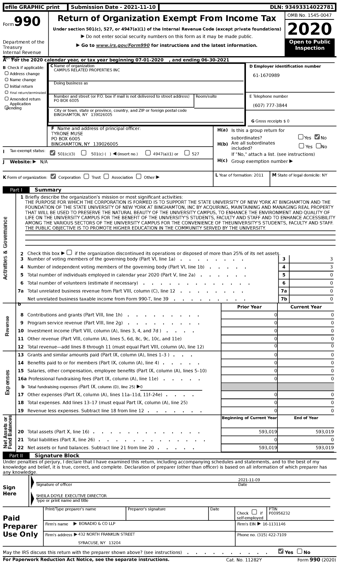 Image of first page of 2020 Form 990 for Campus Related Properties