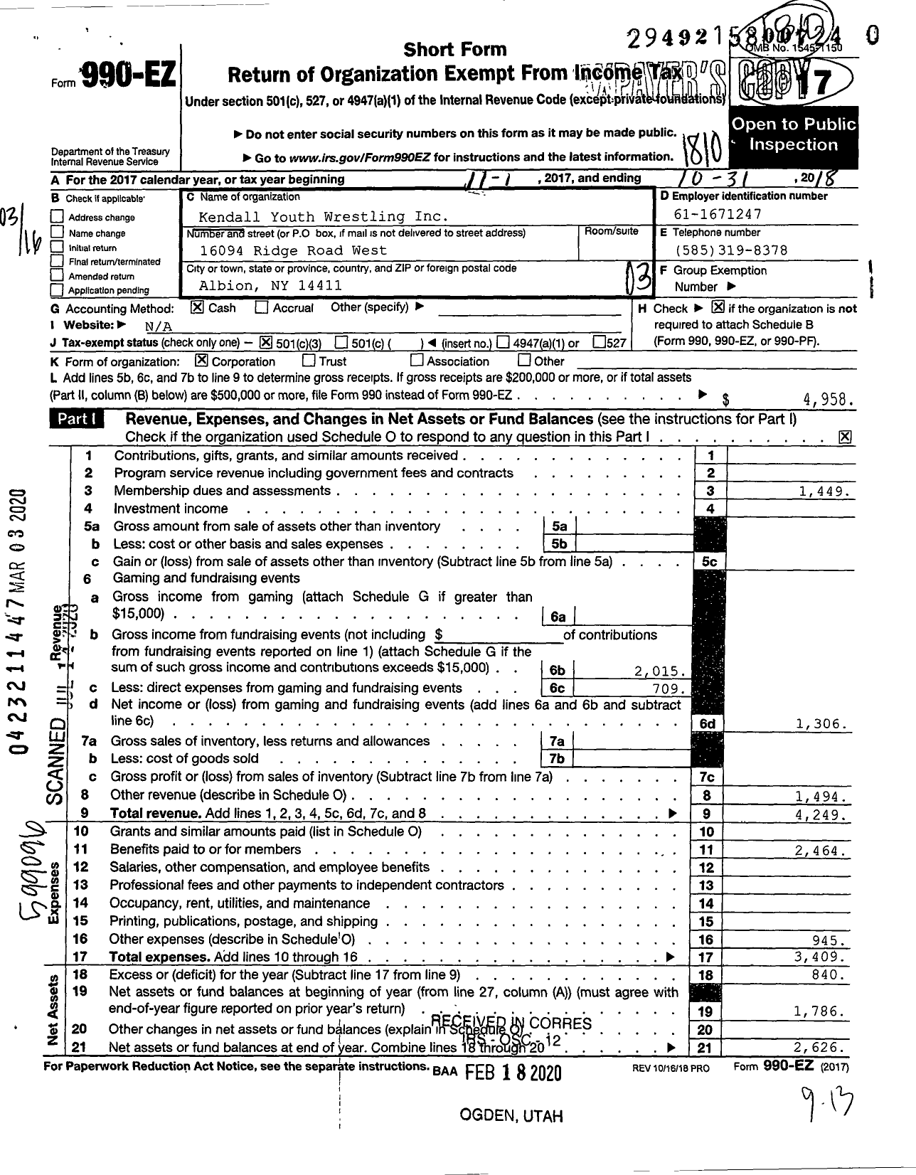 Image of first page of 2017 Form 990EZ for Kendall Youth Wrestling