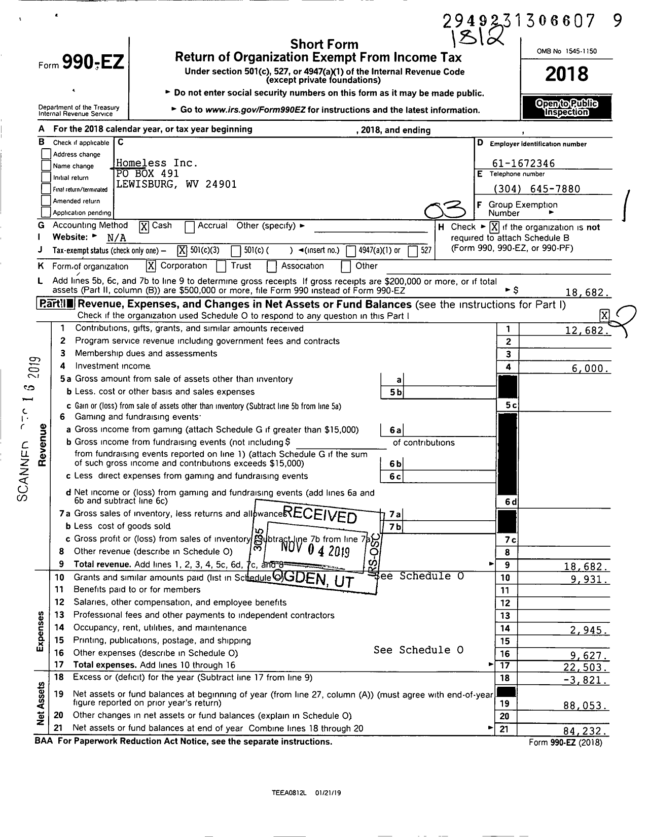 Image of first page of 2018 Form 990EZ for Homeless