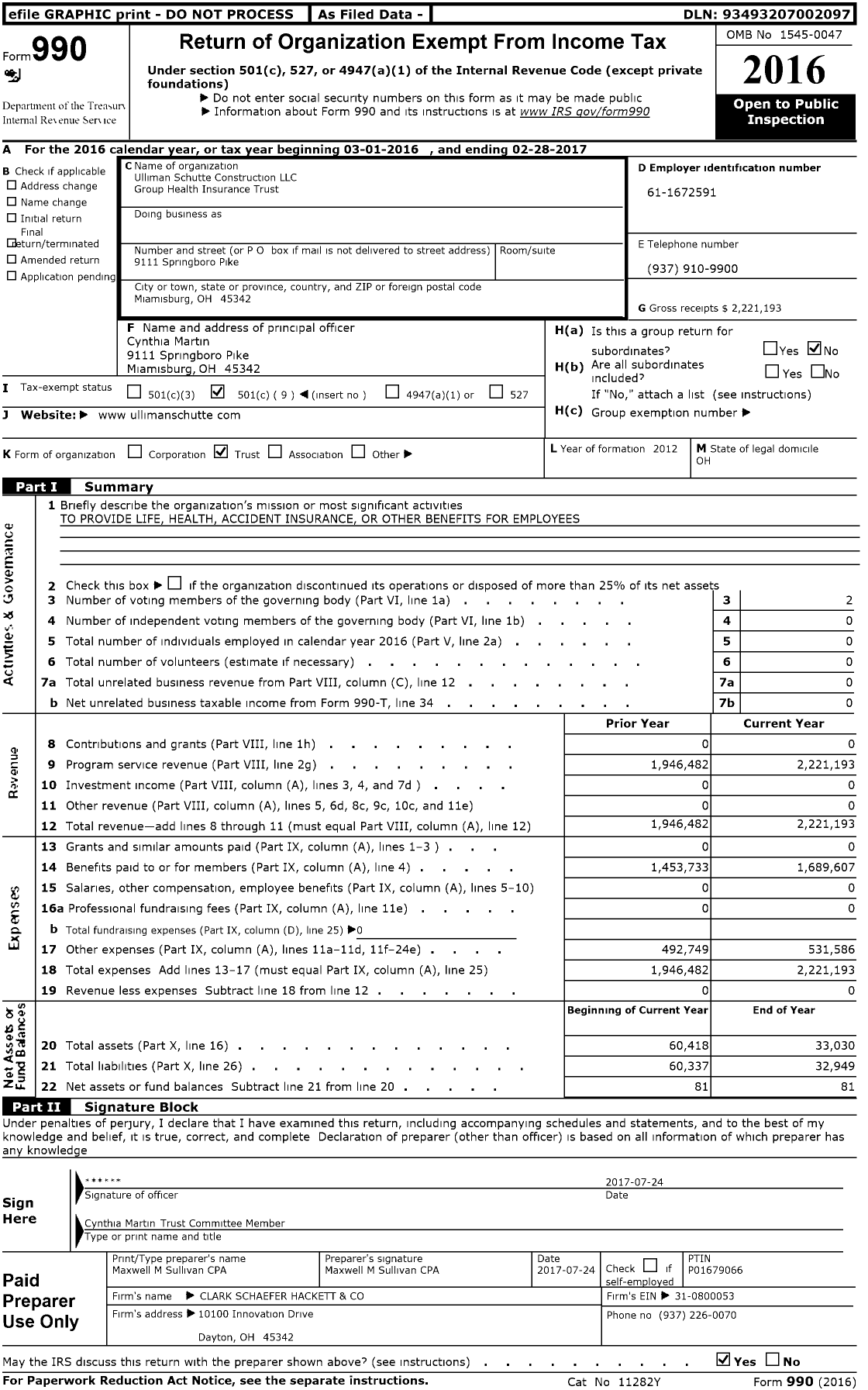 Image of first page of 2016 Form 990O for Ulliman Schutte Construction LLC Group Health Insurance Trust