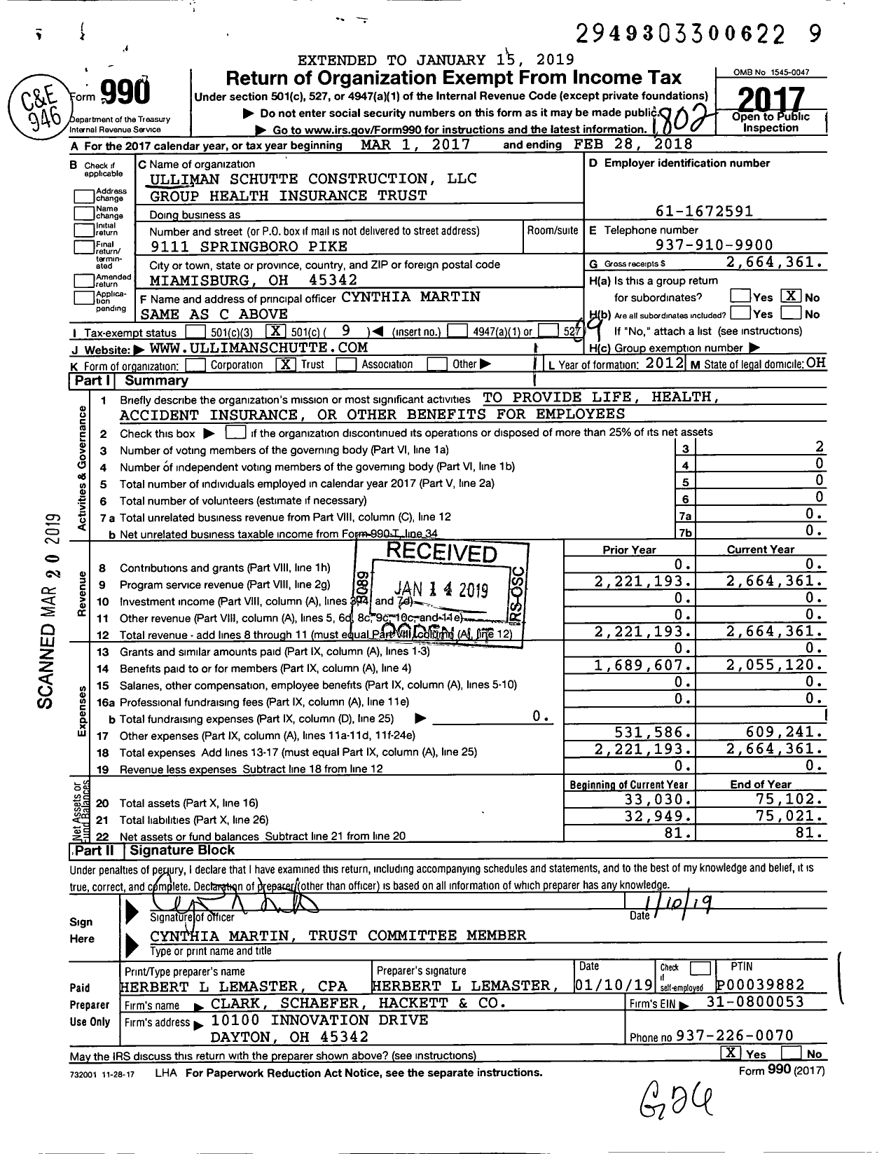 Image of first page of 2017 Form 990O for Ulliman Schutte Construction LLC Group Health Insurance Trust