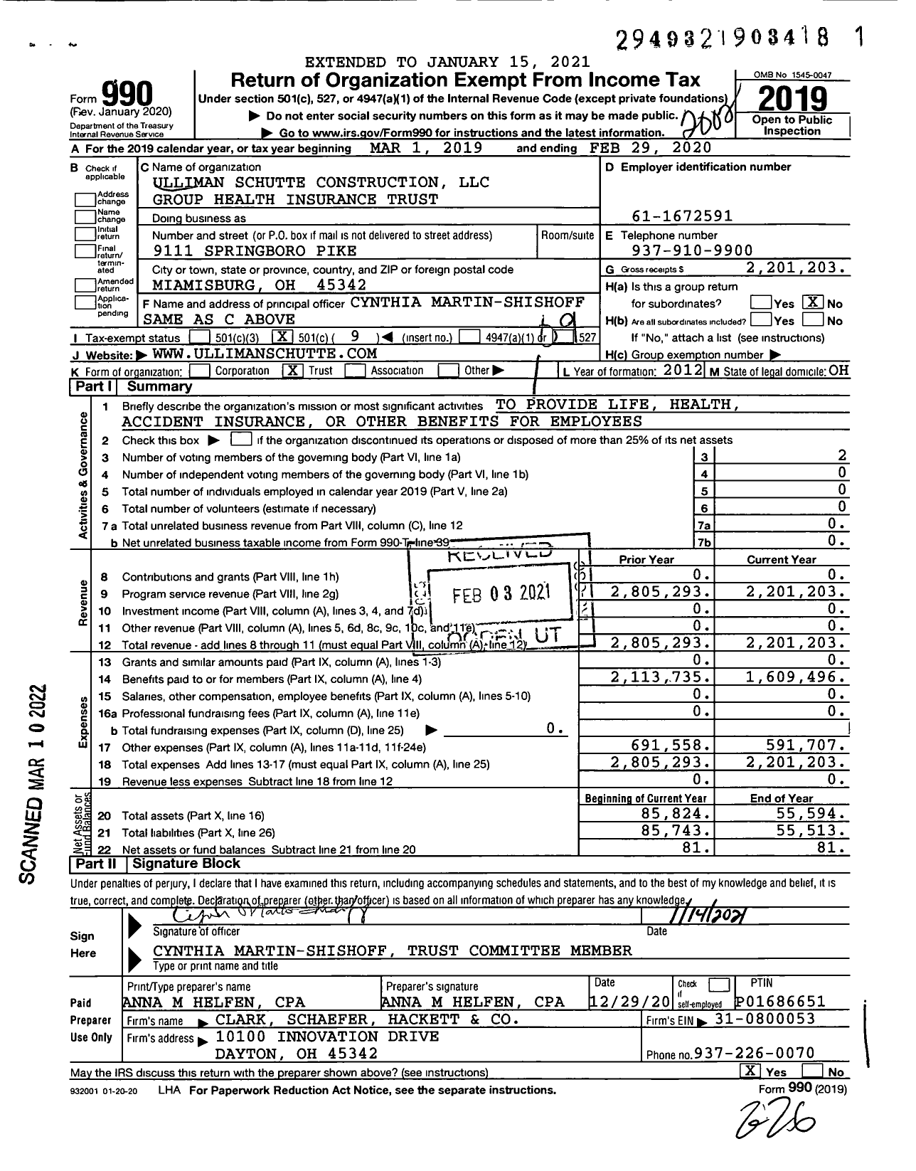Image of first page of 2019 Form 990O for Ulliman Schutte Construction LLC Group Health Insurance Trust