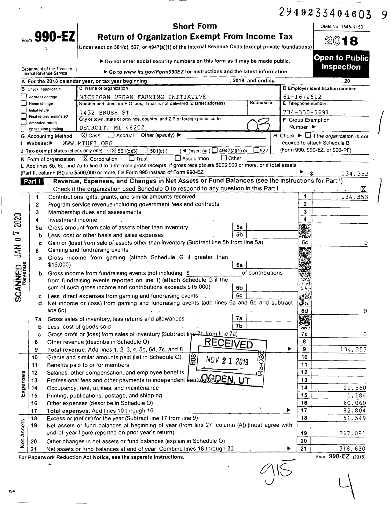 Image of first page of 2018 Form 990EZ for Michigan Urban Farming Initiative