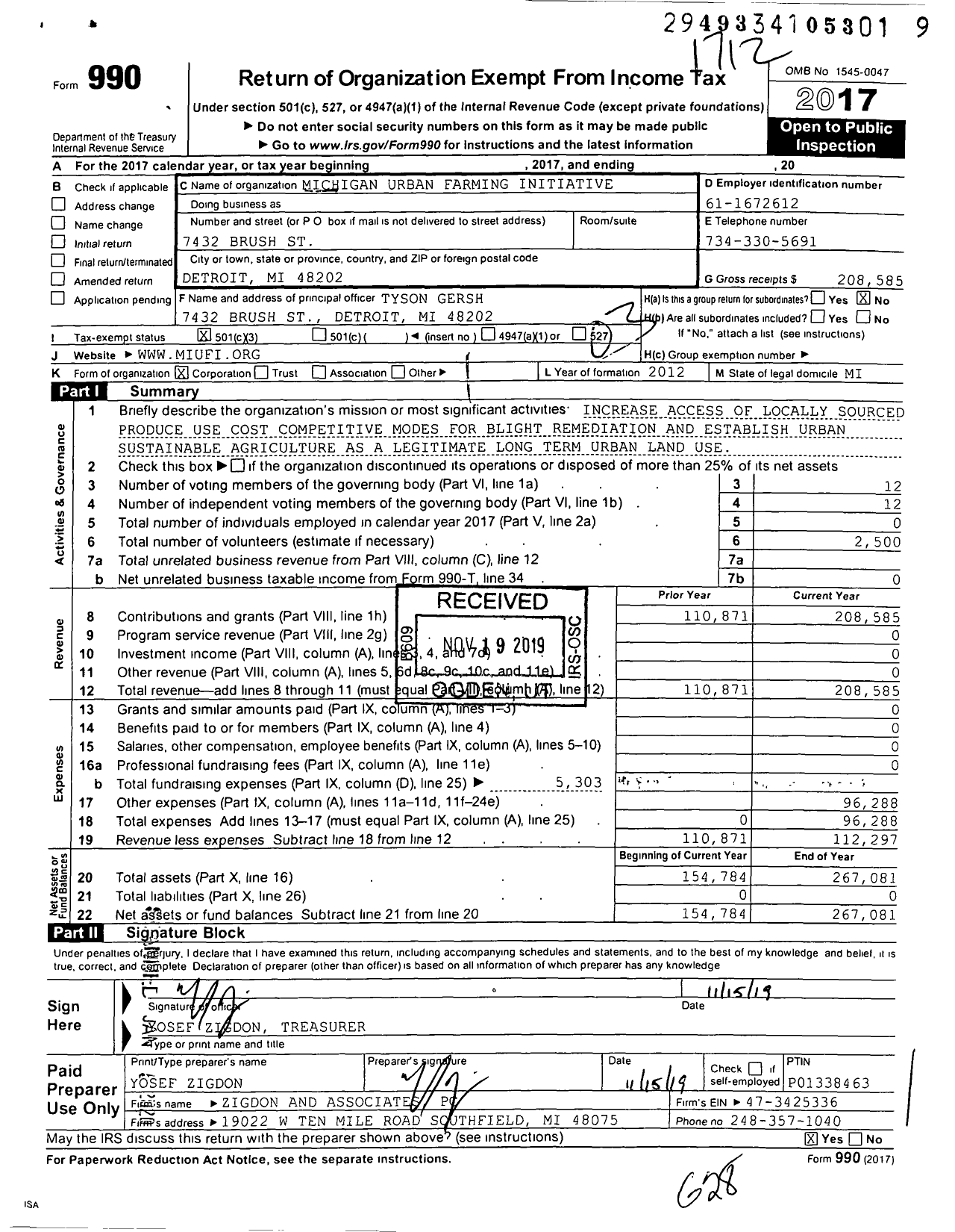 Image of first page of 2017 Form 990 for Michigan Urban Farming Initiative