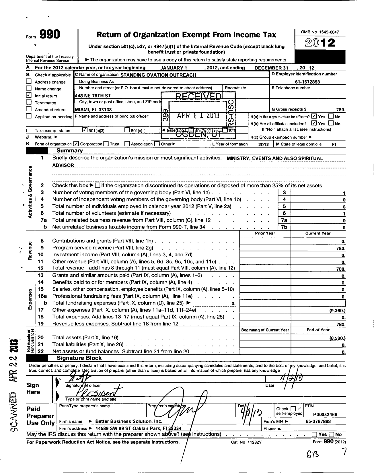 Image of first page of 2012 Form 990 for Standing Ovation Outreach