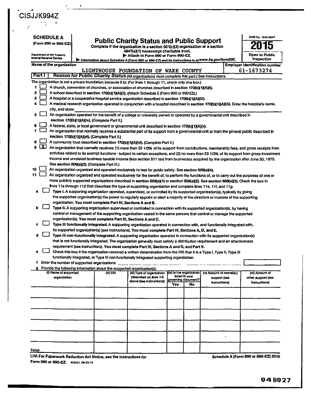 Image of first page of 2015 Form 990ER for Lighthouse Foundation of Wake County