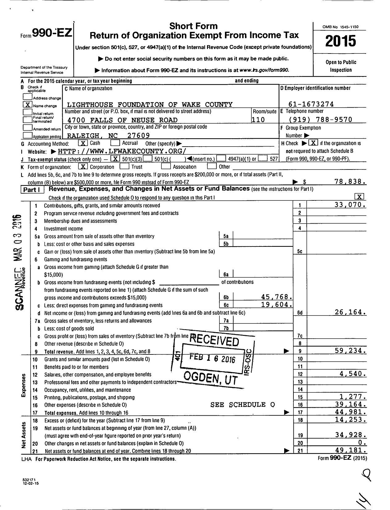 Image of first page of 2015 Form 990EZ for Lighthouse Foundation of Wake County