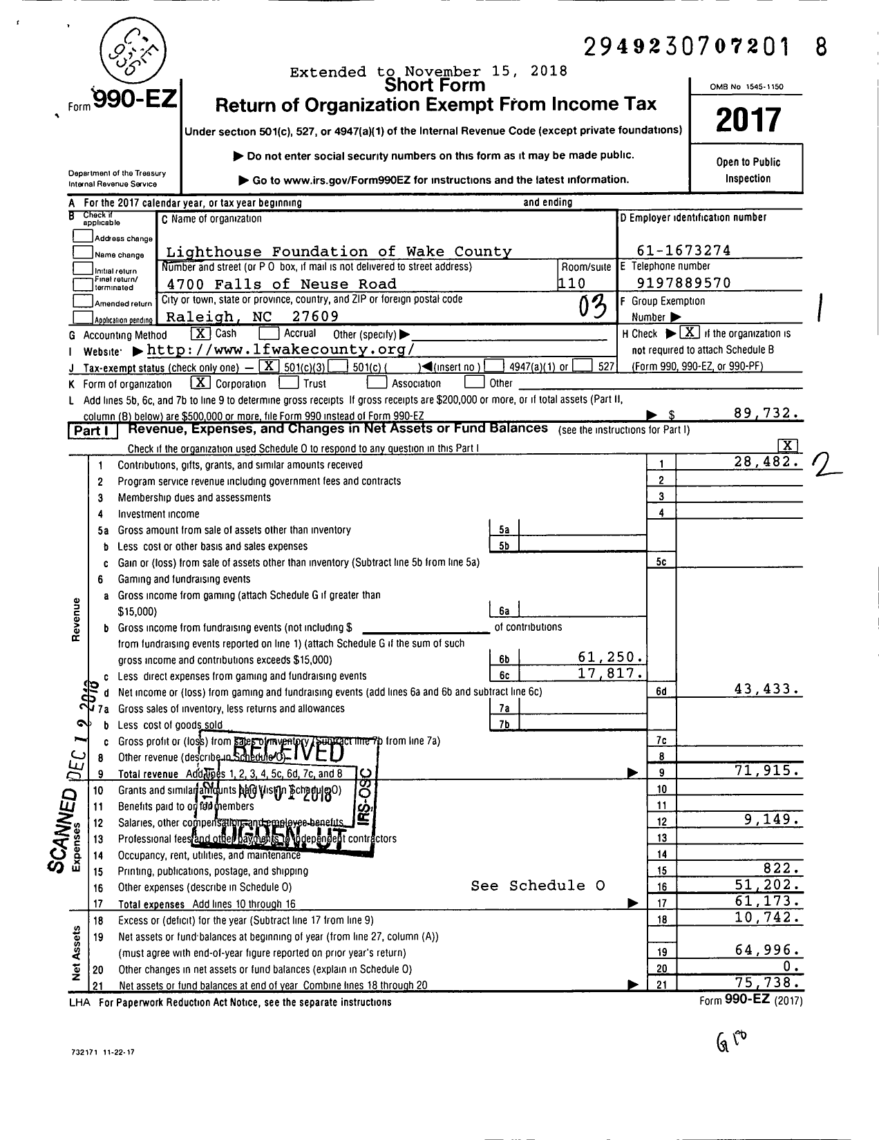 Image of first page of 2017 Form 990EZ for Lighthouse Foundation of Wake County