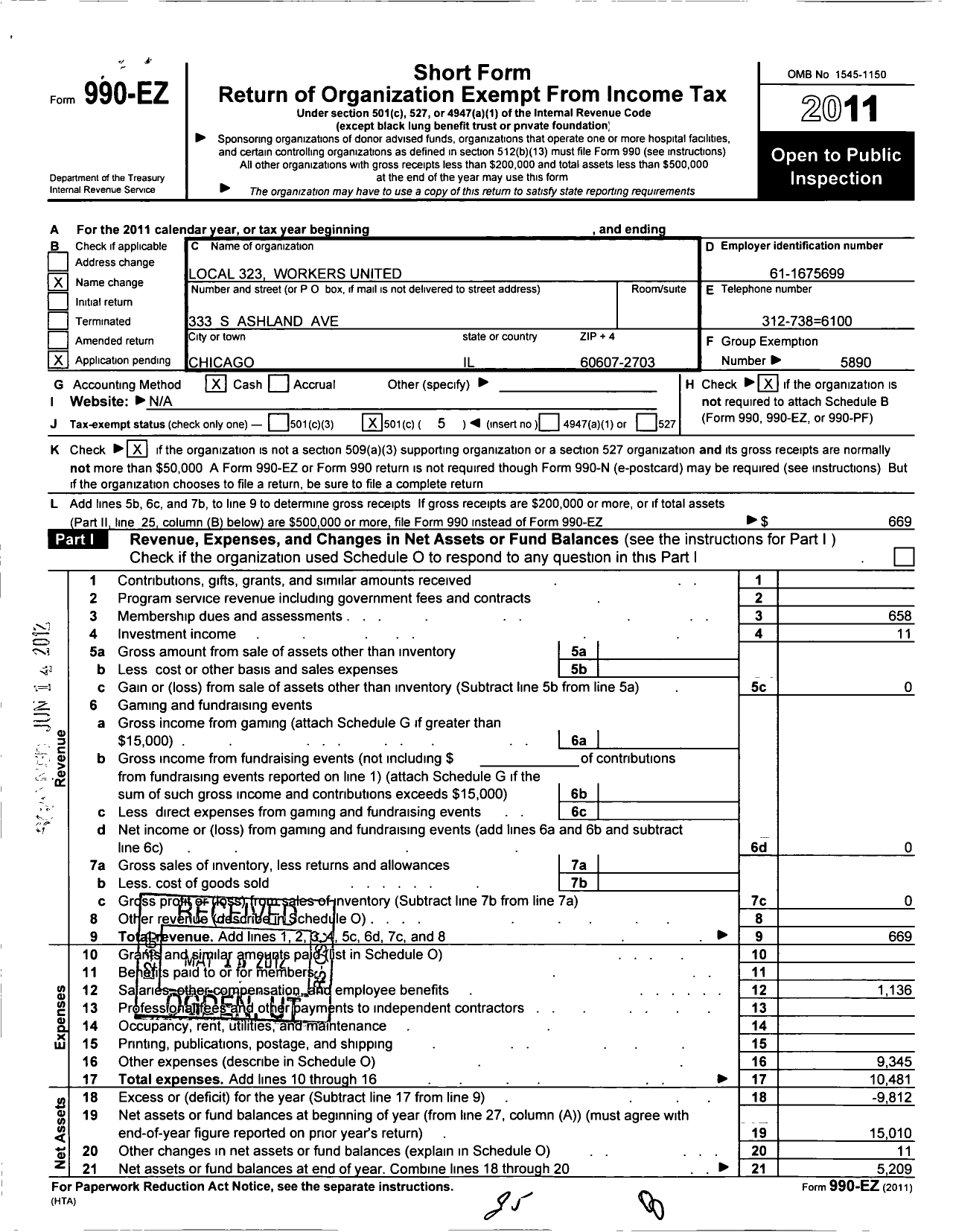 Image of first page of 2011 Form 990EO for Workers United - 323 Local