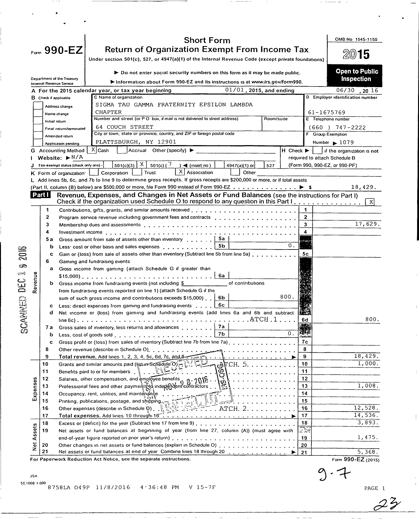 Image of first page of 2015 Form 990EO for Epsilon Lambda