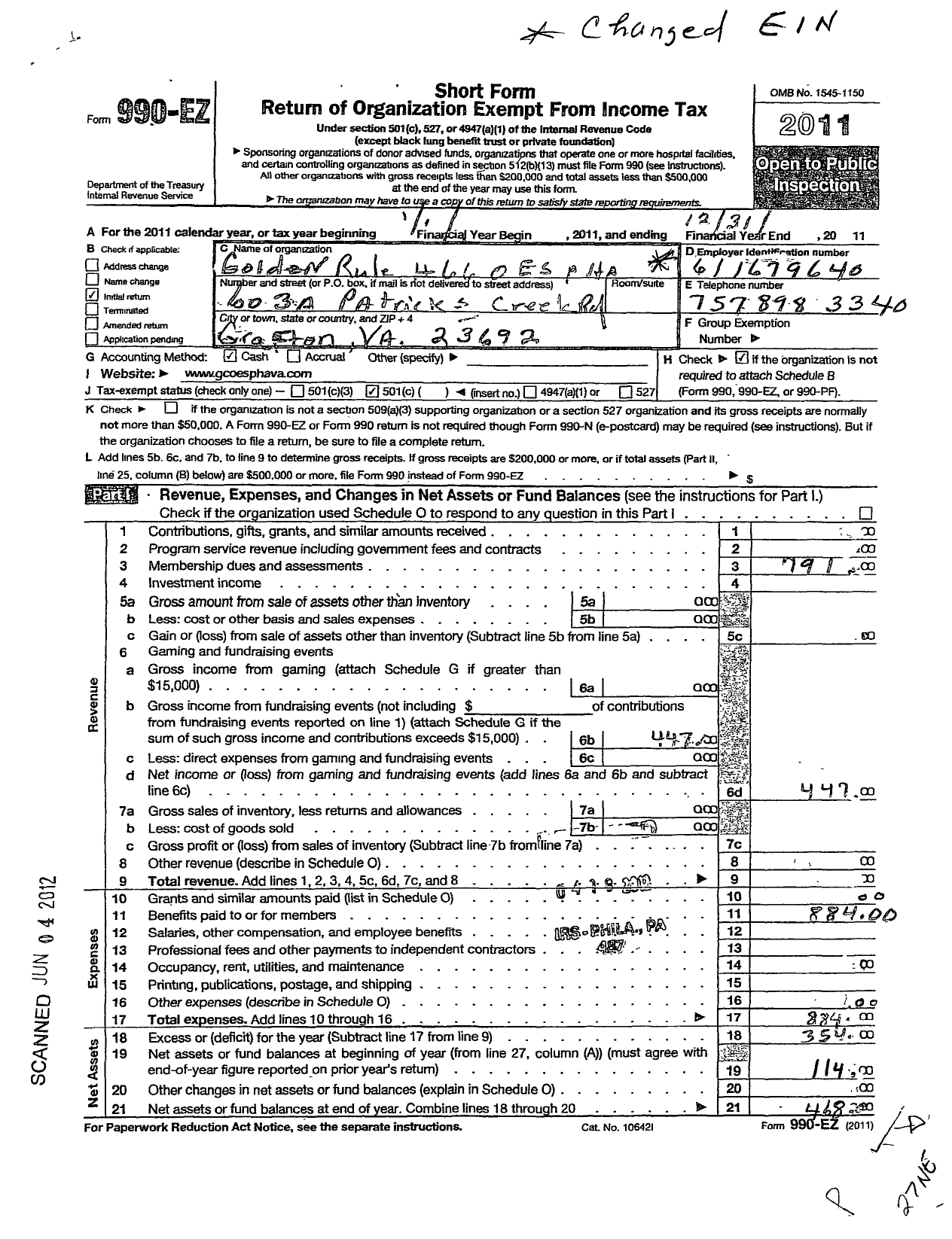 Image of first page of 2011 Form 990EO for Grand Order of the Eastern Star of Virginia Pha - 66 Golden Rule Chapter