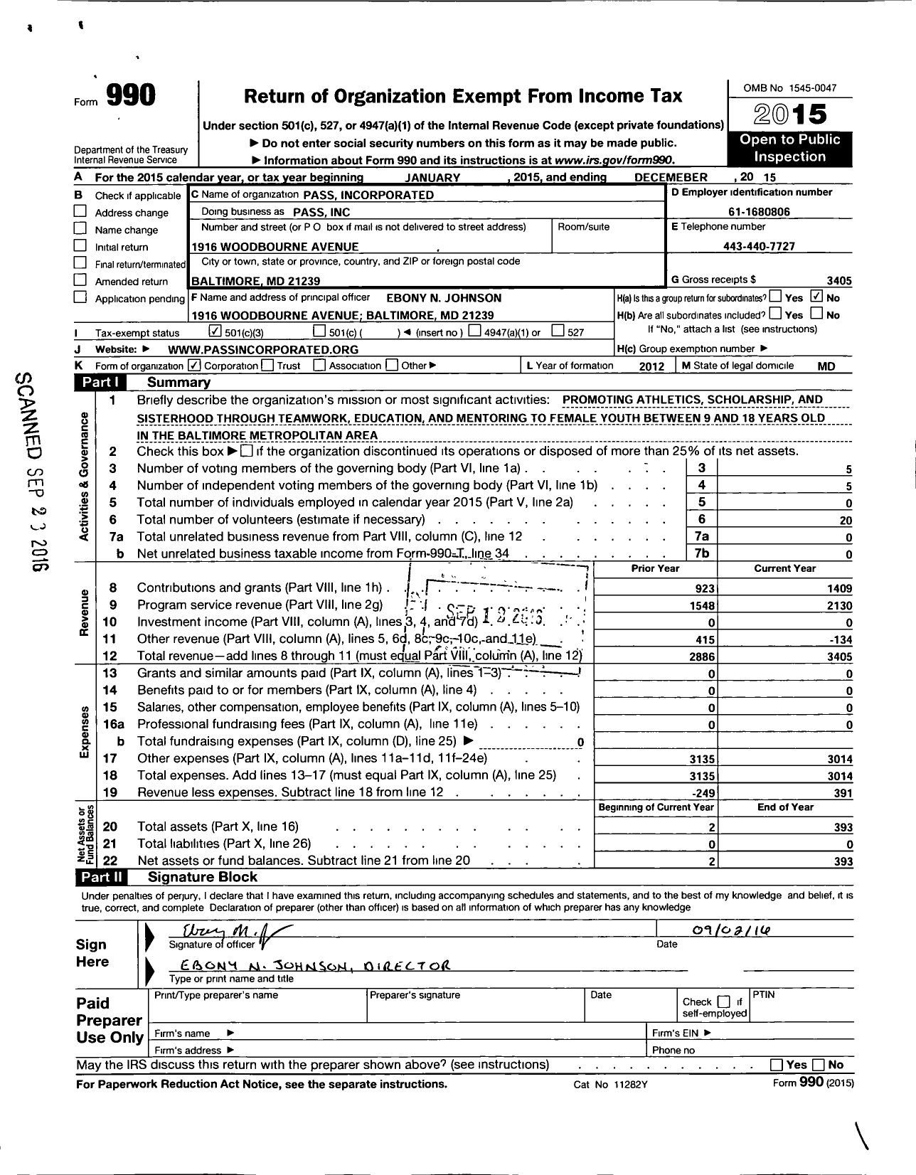 Image of first page of 2015 Form 990 for Pass Incorporated