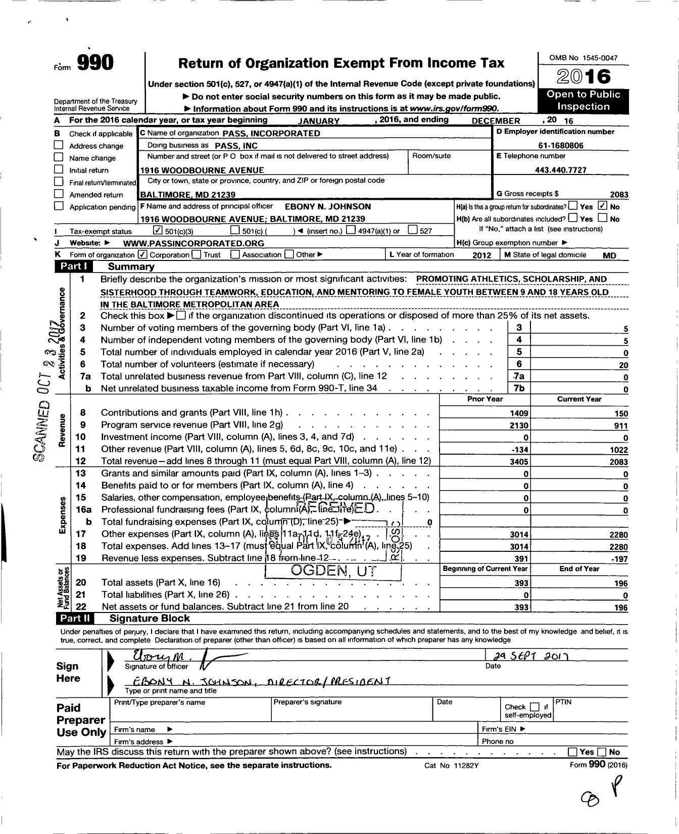 Image of first page of 2016 Form 990 for Pass Incorporated