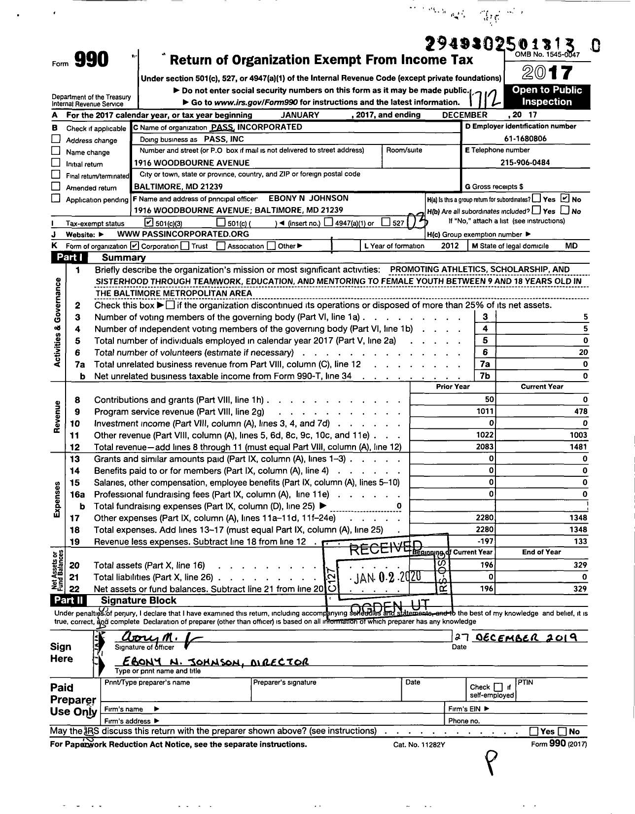 Image of first page of 2017 Form 990 for Pass Incorporated