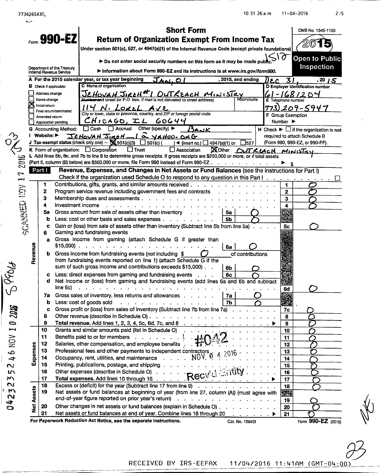 Image of first page of 2015 Form 990EZ for Jehovah Jireh #1 Outreach Ministry