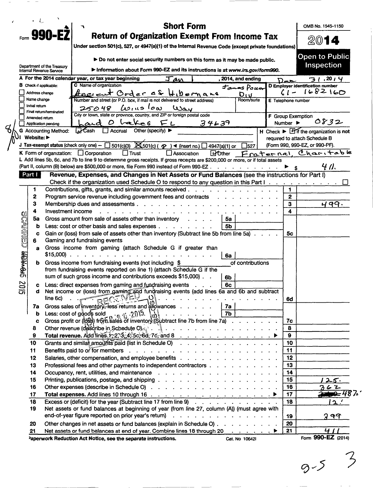 Image of first page of 2014 Form 990EO for Ancient Order of Hibernians in America - 08 Pa 02