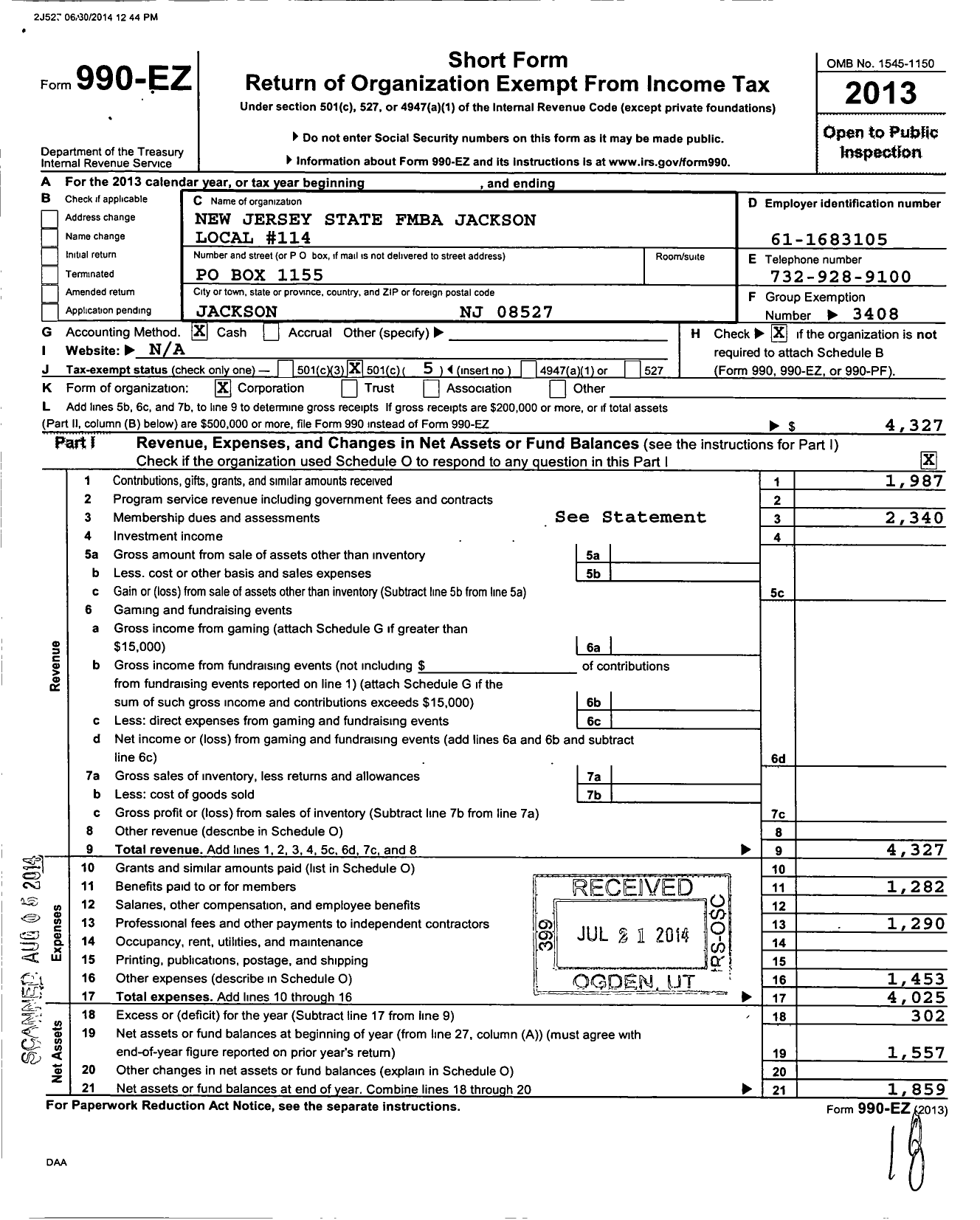 Image of first page of 2013 Form 990EO for New Jersey State Firemens Mutual Benevolent Association - 114 Local