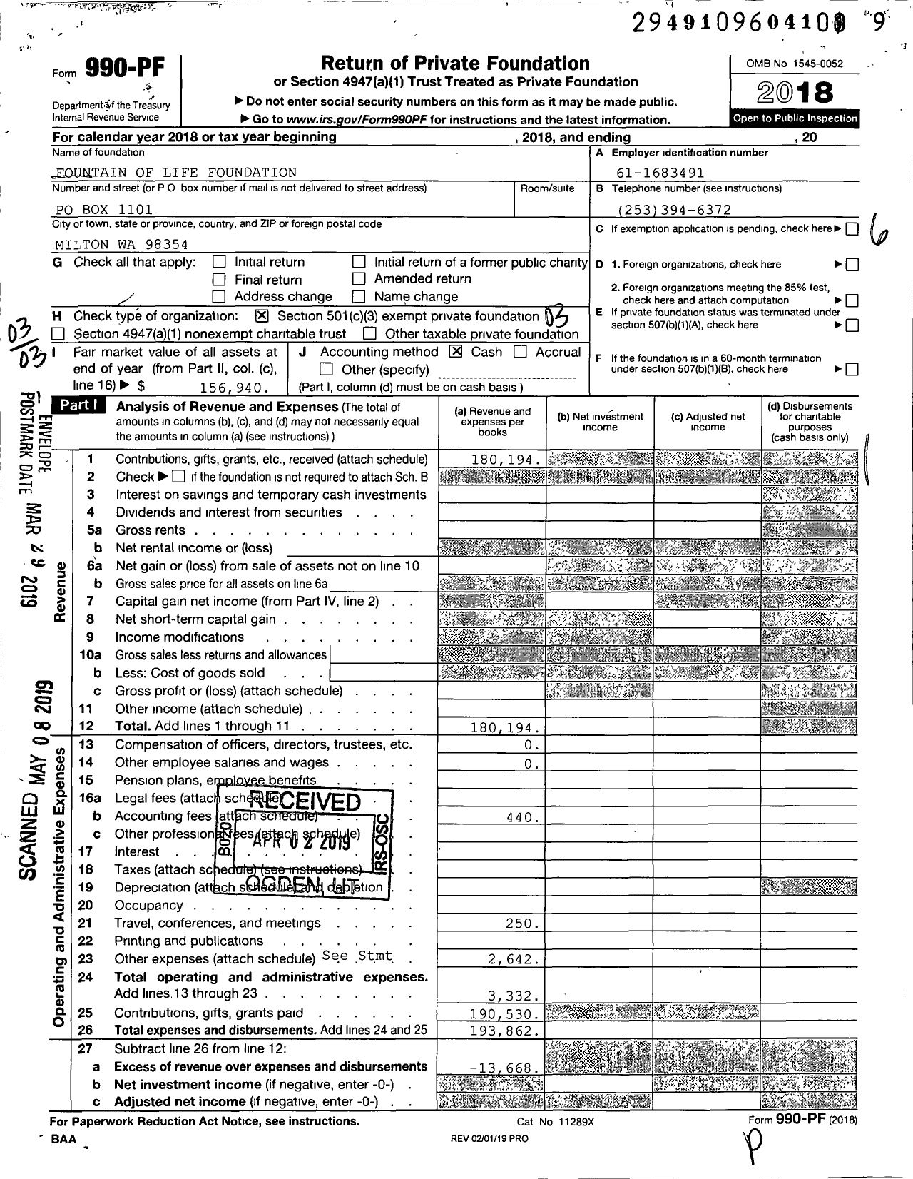 Image of first page of 2018 Form 990PF for Fountain of Life Foundation
