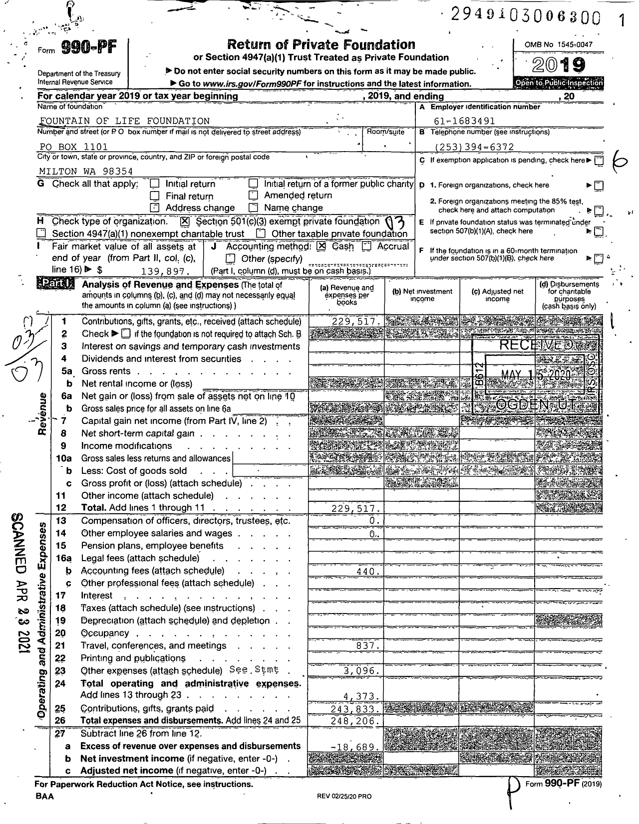 Image of first page of 2019 Form 990PF for Fountain of Life Foundation