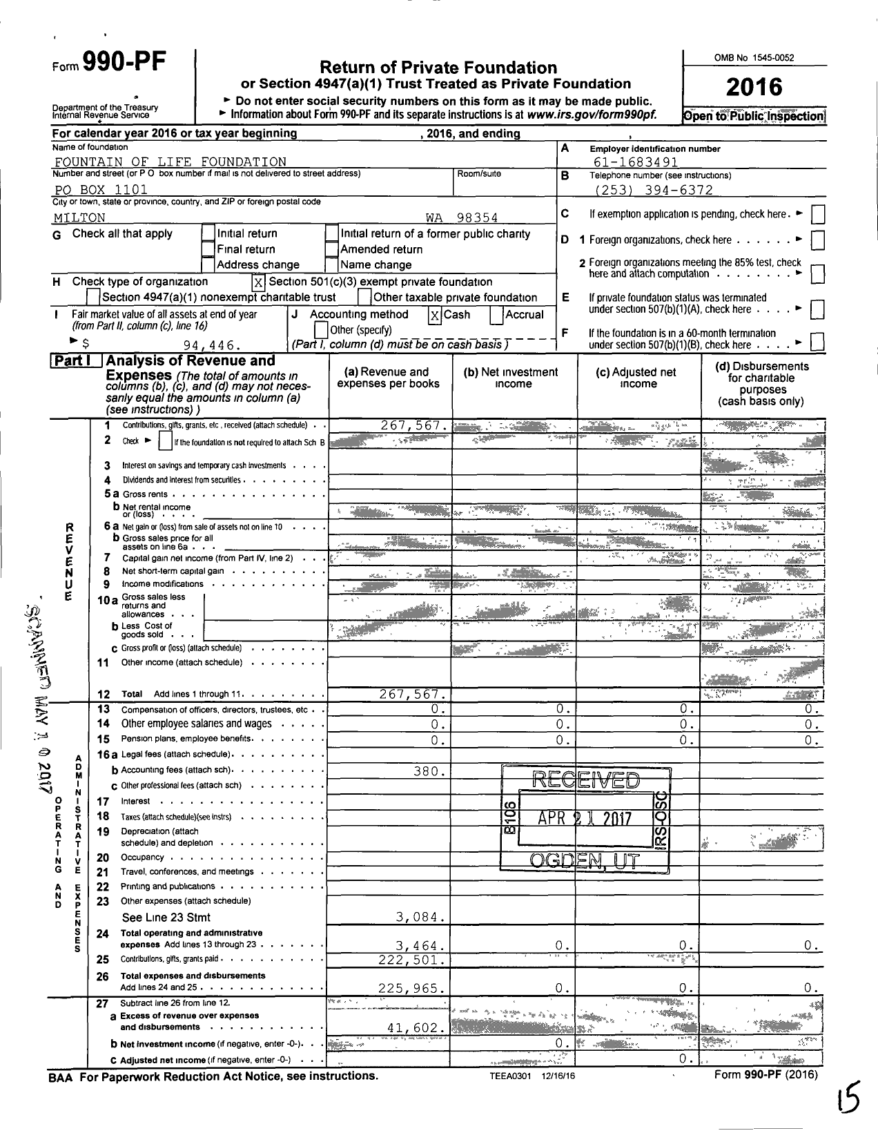 Image of first page of 2016 Form 990PF for Fountain of Life Foundation