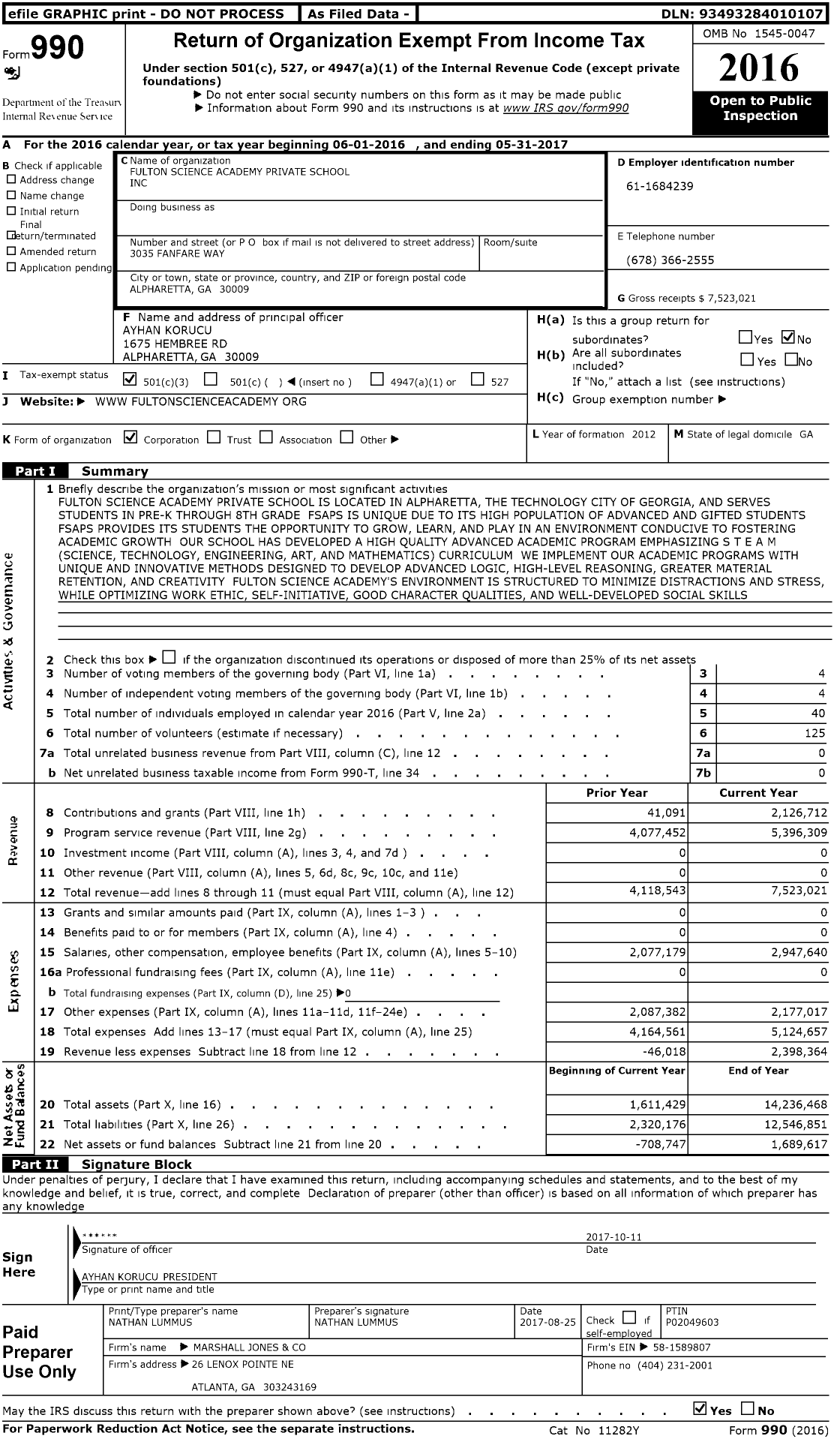 Image of first page of 2016 Form 990 for Fulton Science Academy Private School