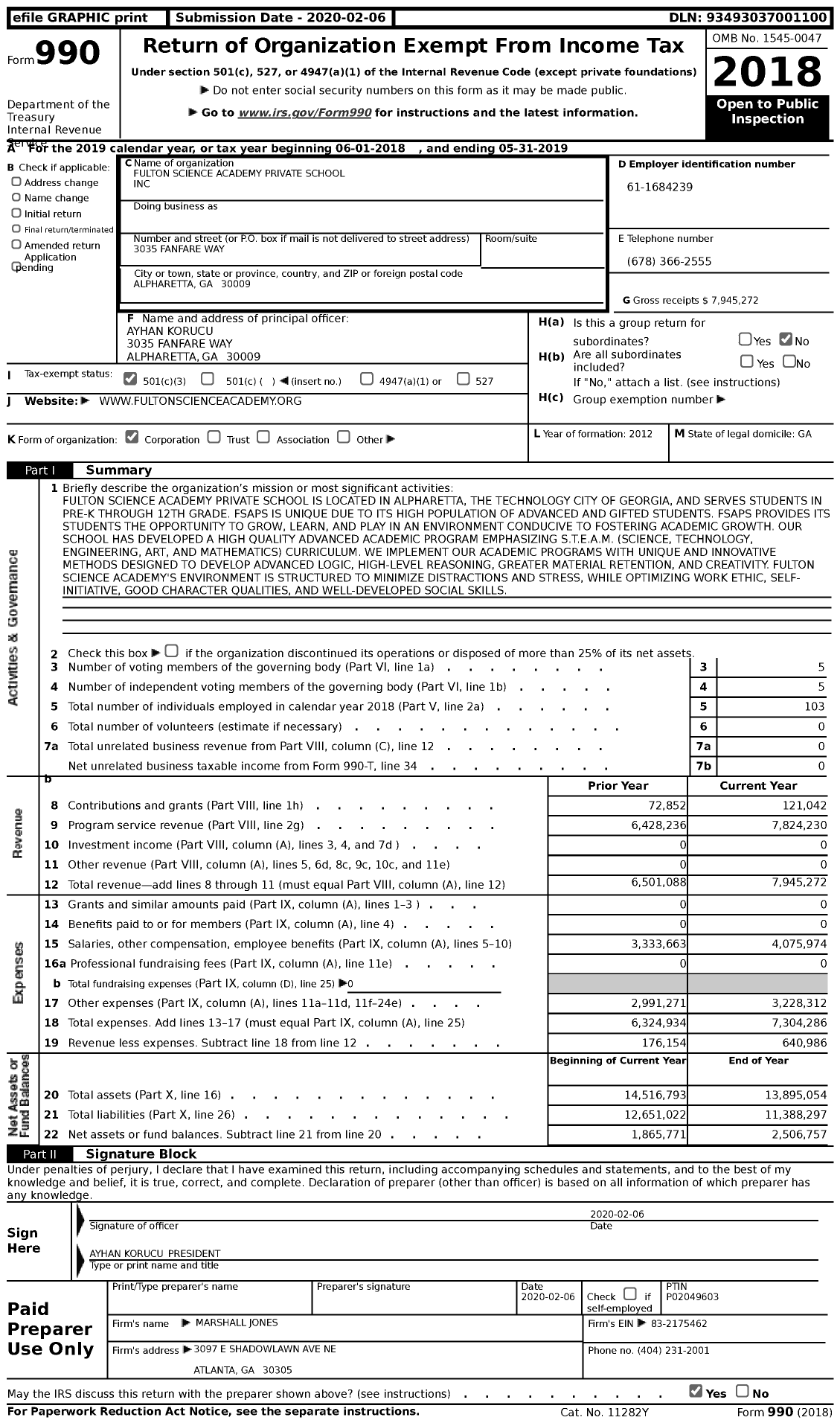 Image of first page of 2018 Form 990 for Fulton Science Academy Private School