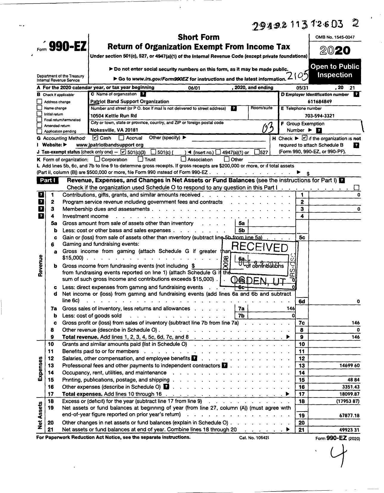 Image of first page of 2020 Form 990EZ for Patriot Band Support Organization (PBSO)