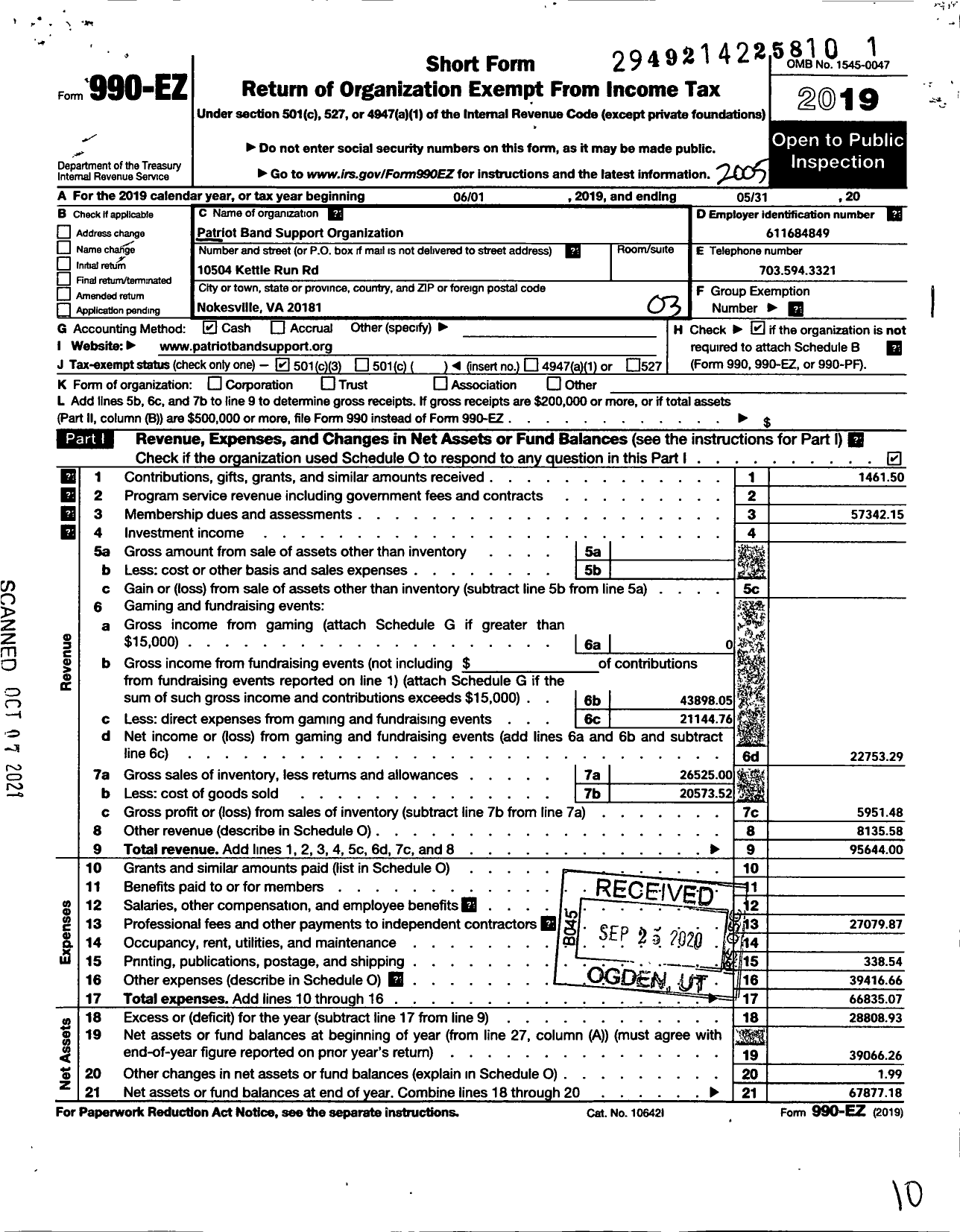 Image of first page of 2019 Form 990EZ for Patriot Band Support Organization (PBSO)