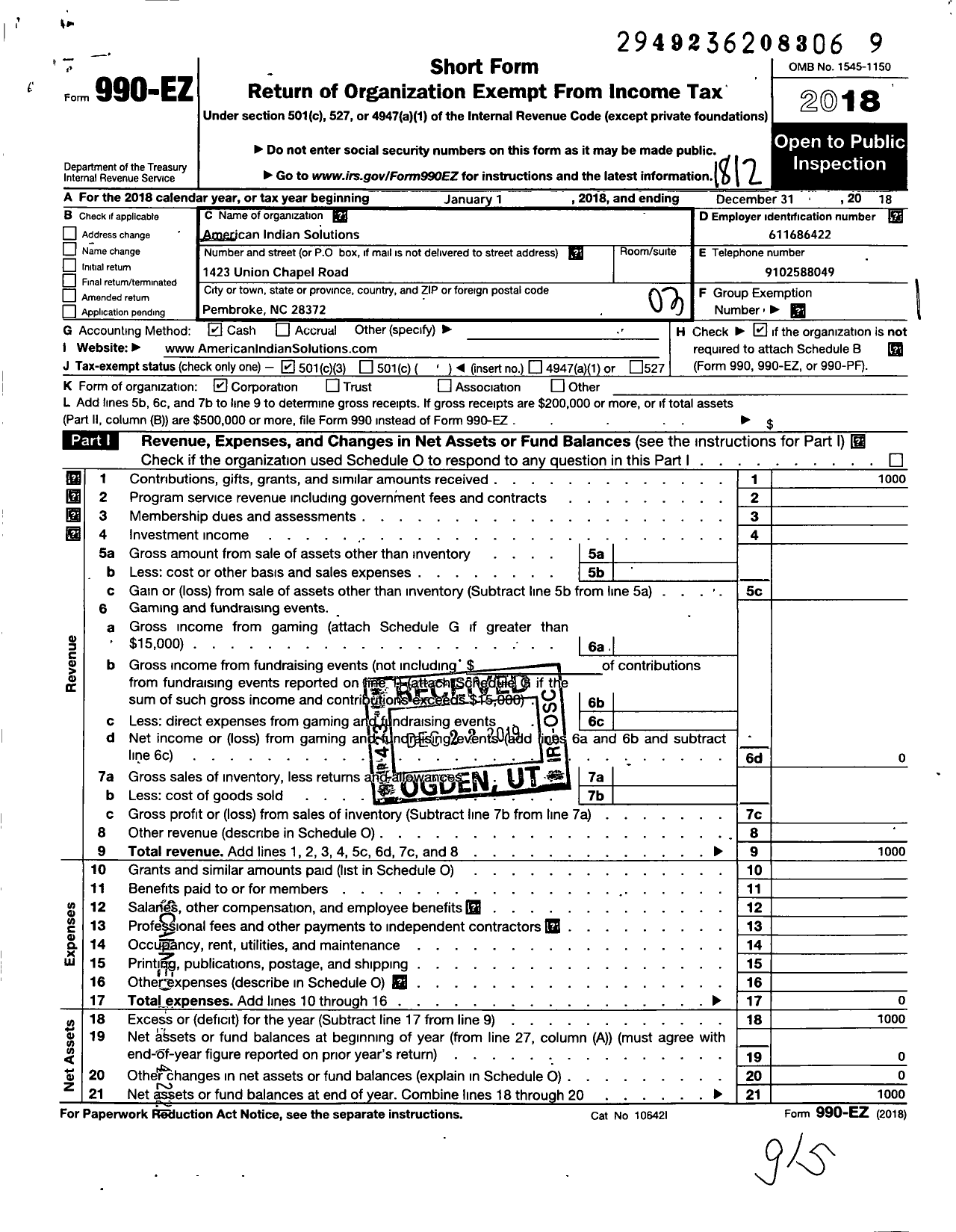 Image of first page of 2018 Form 990EZ for American Indian Solutions