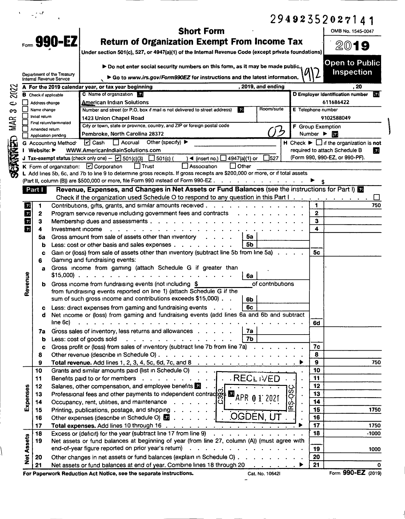 Image of first page of 2019 Form 990EZ for American Indian Solutions