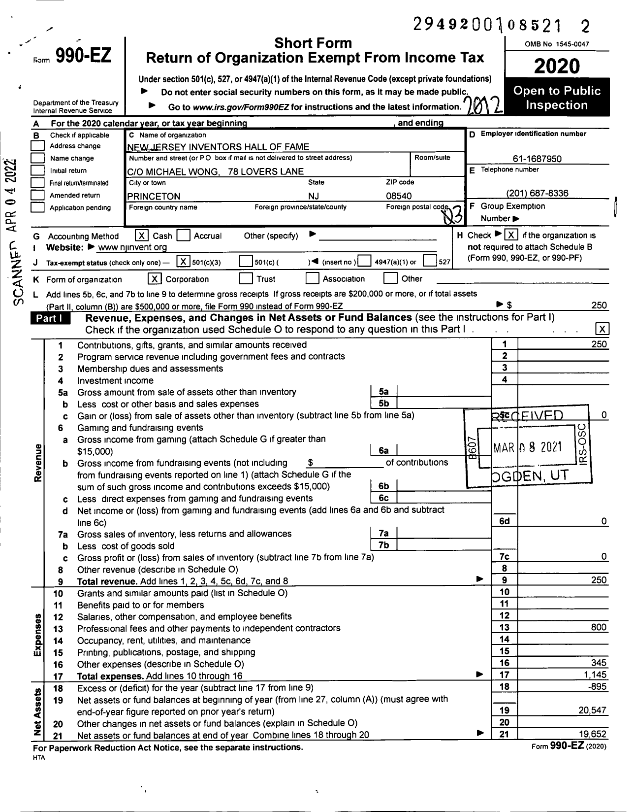 Image of first page of 2020 Form 990EZ for New Jersey Inventors Hall of Fame
