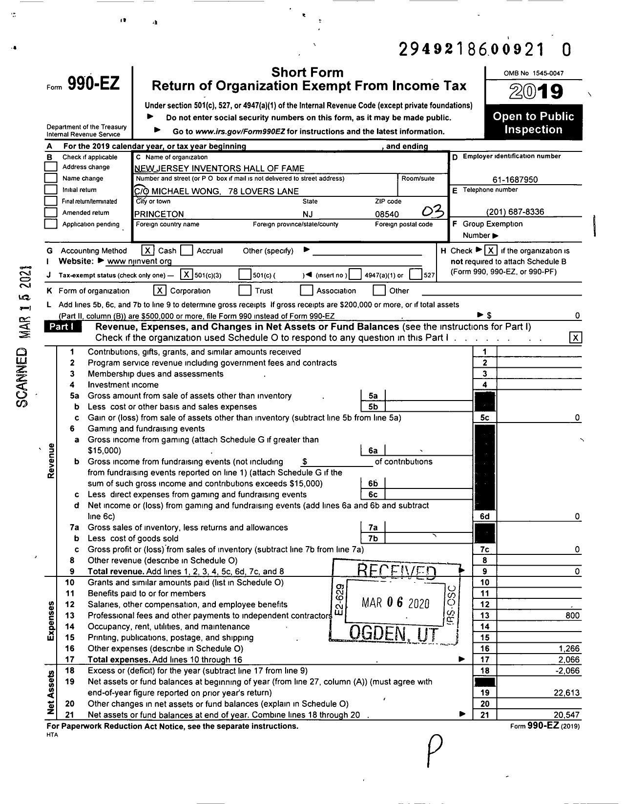 Image of first page of 2019 Form 990EZ for New Jersey Inventors Hall of Fame