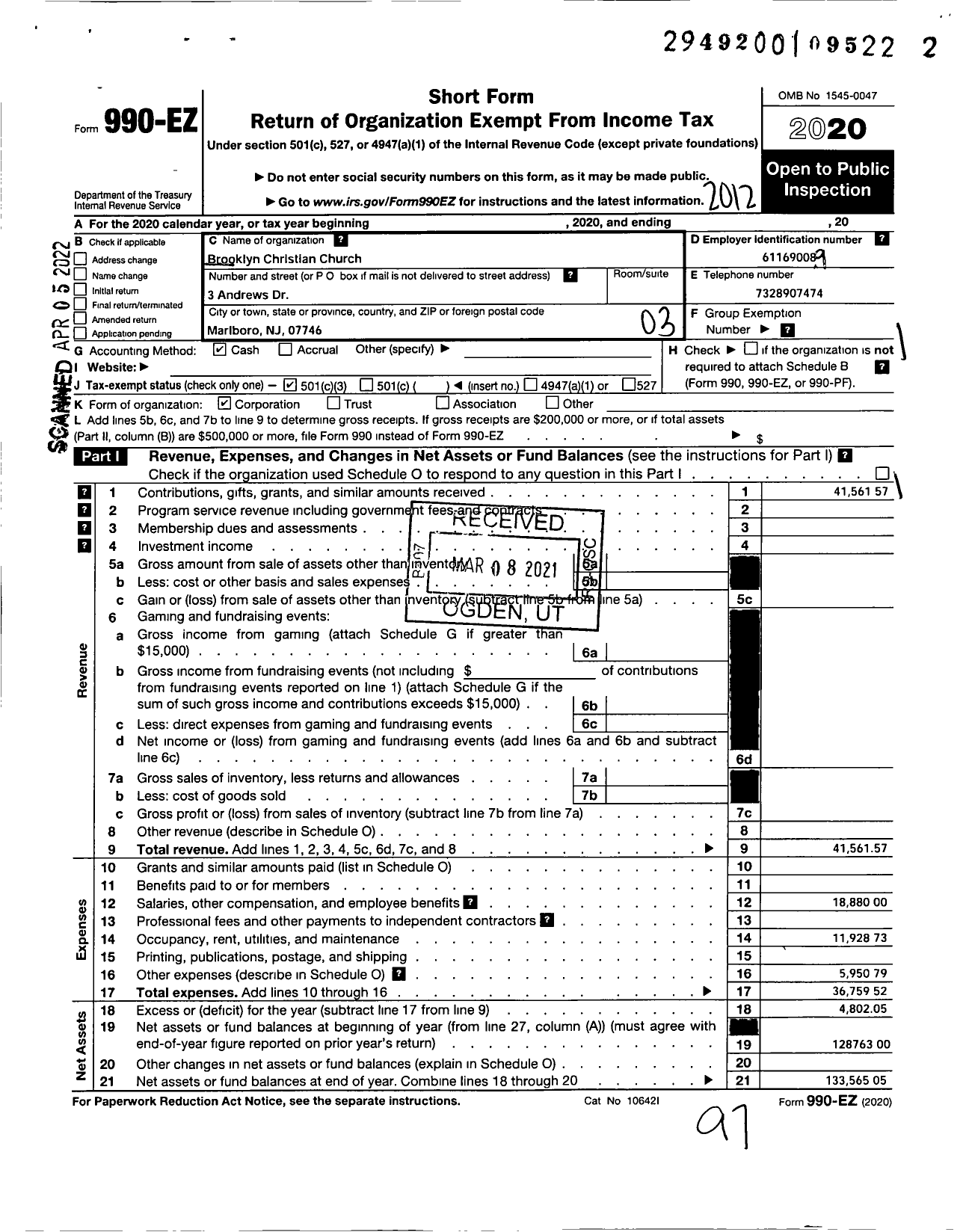 Image of first page of 2020 Form 990EZ for Brooklyn Christian Church