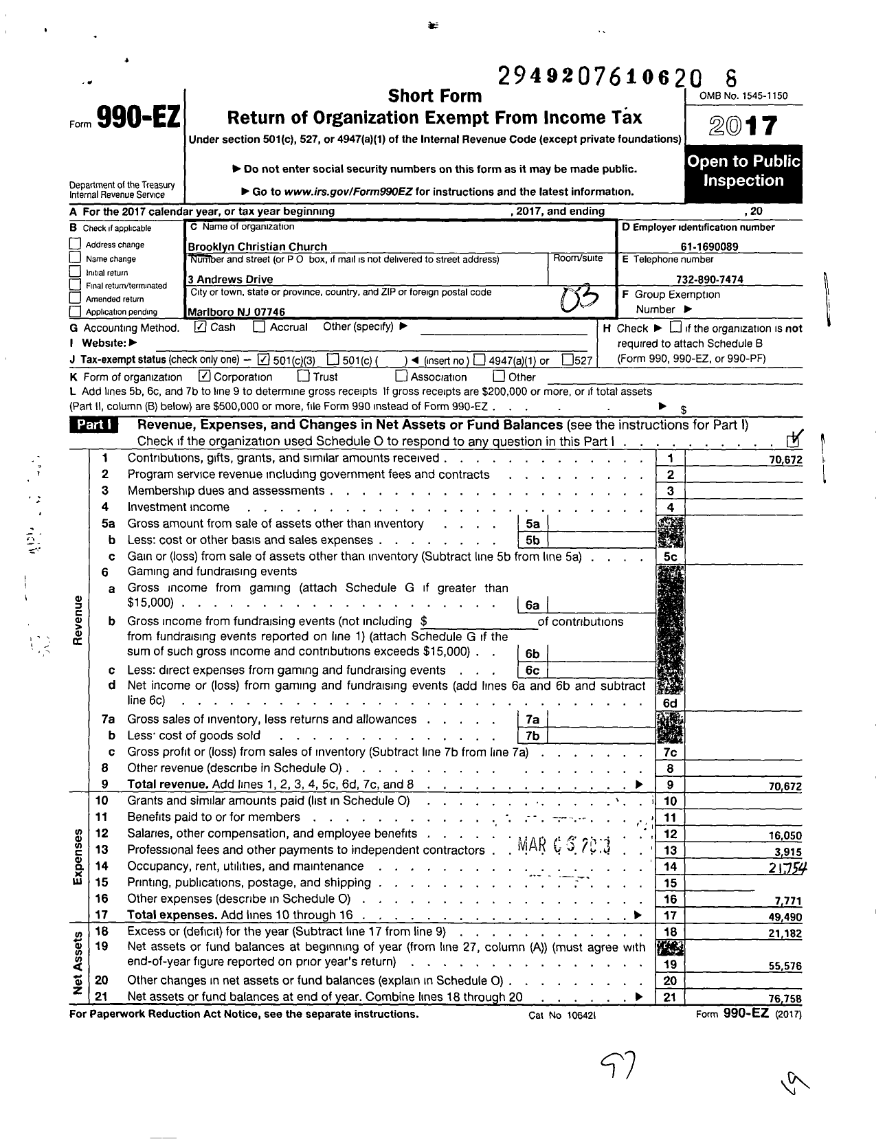 Image of first page of 2017 Form 990EZ for Brooklyn Christian Church