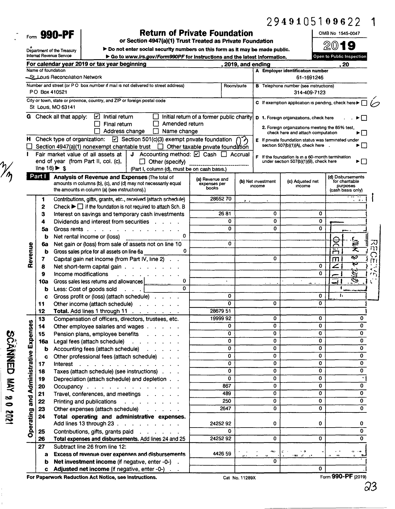 Image of first page of 2019 Form 990PF for St Louis Reconciliation Network