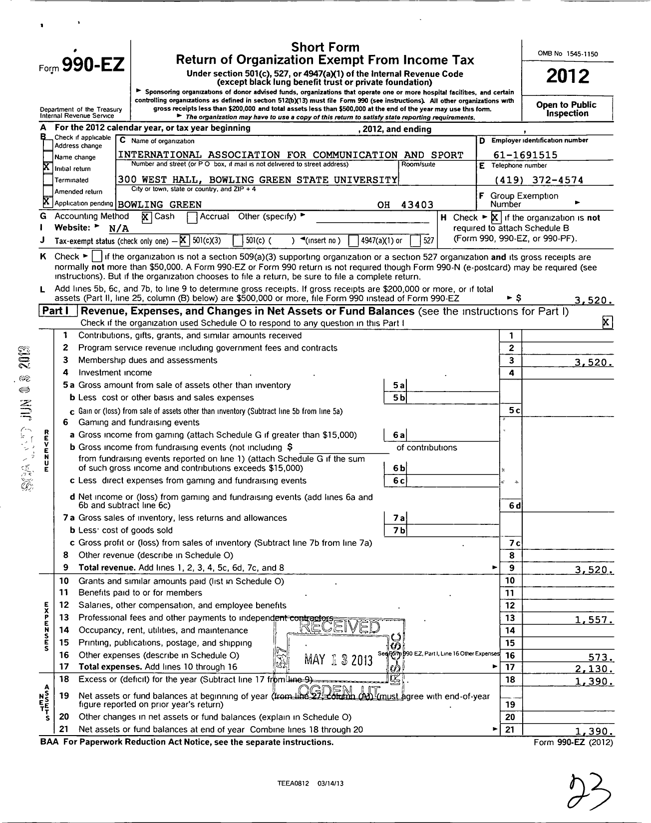 Image of first page of 2012 Form 990EZ for International Association for Communication and Sport