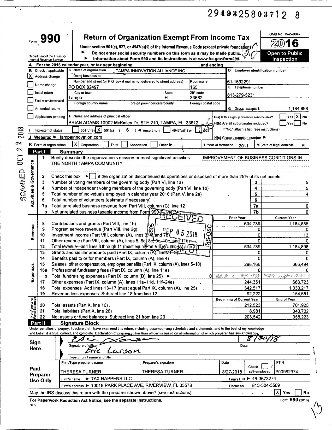 Image of first page of 2016 Form 990O for Tampa Innovation Alliance