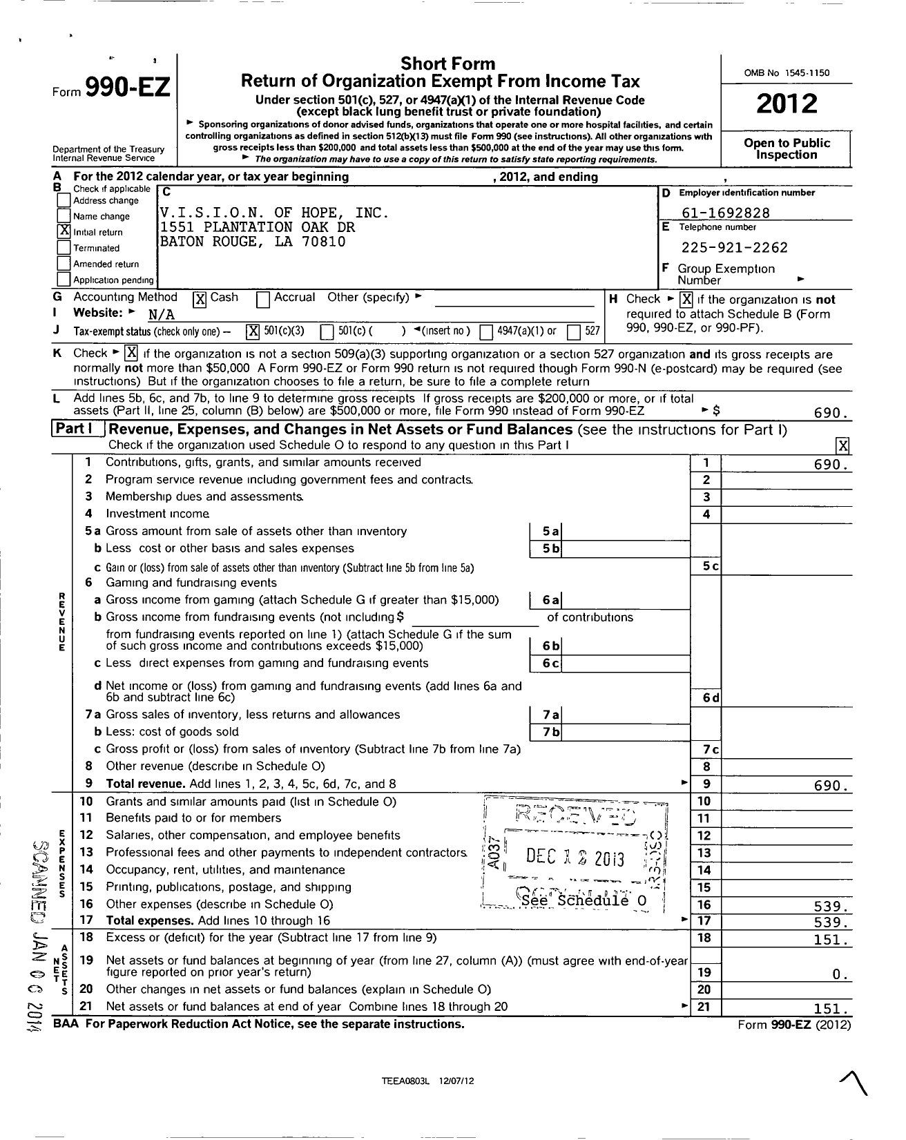 Image of first page of 2012 Form 990EZ for Vision of Hope