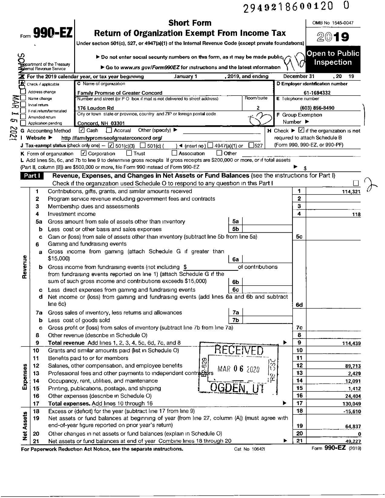 Image of first page of 2019 Form 990EZ for Family Promise of Greater Concord